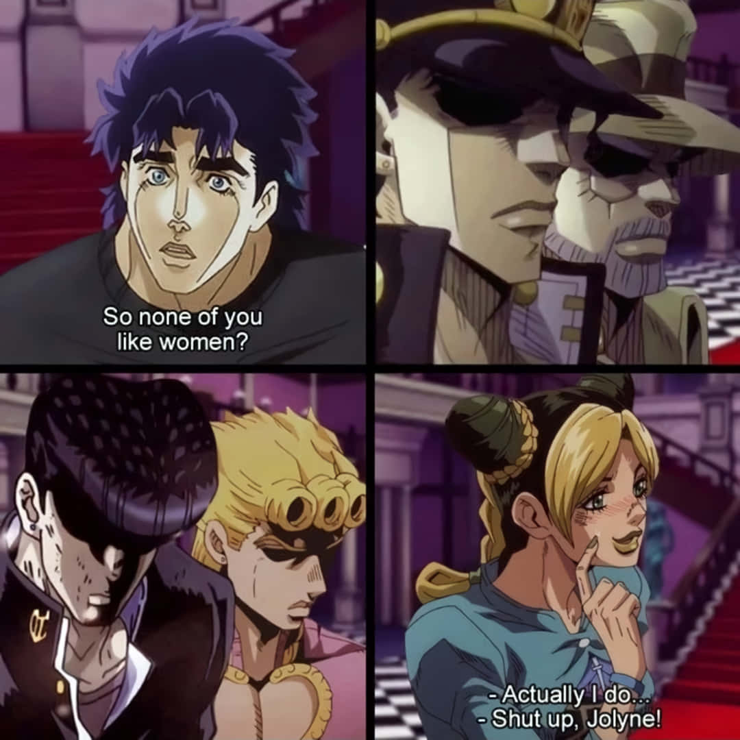 Jojo Meme 桌布 壁紙 — 四格動漫場景，JoJo角色在戲劇性對話中展現大膽表情和豐富紫色燈光。