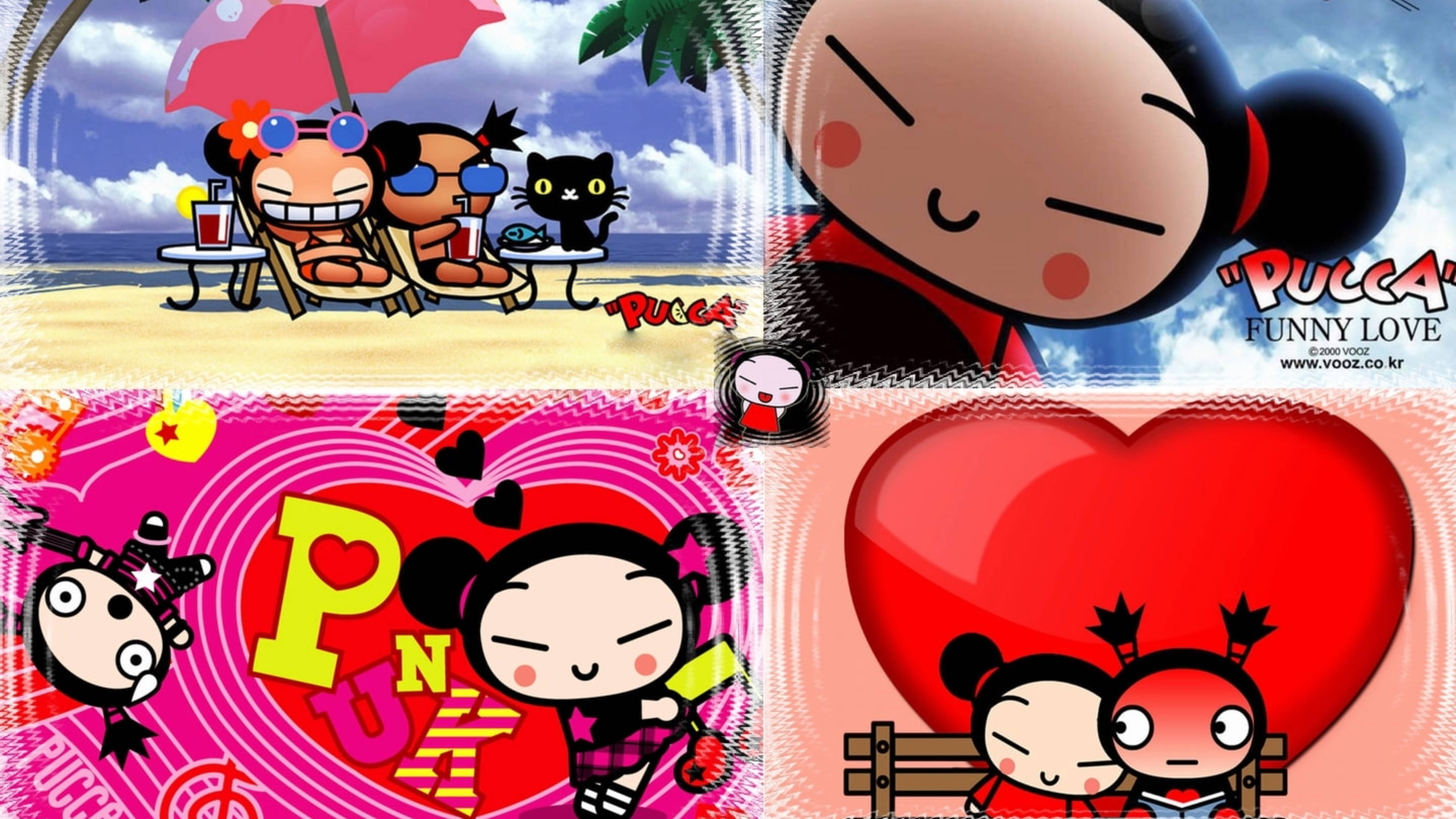 Pucca 桌布 壁紙 — 四格動漫拼貼畫，描繪Pucca角色在海灘場景和浪漫時刻中享受，色彩鮮豔，表情俏皮。