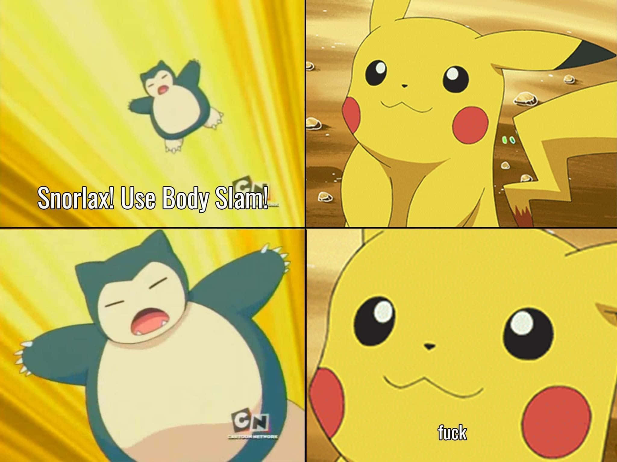 Pokemon Funny 桌布 壁紙 — 四格動漫迷因，Snorlax 使用 Body Slam，Pikachu 震驚並輕微爆粗。