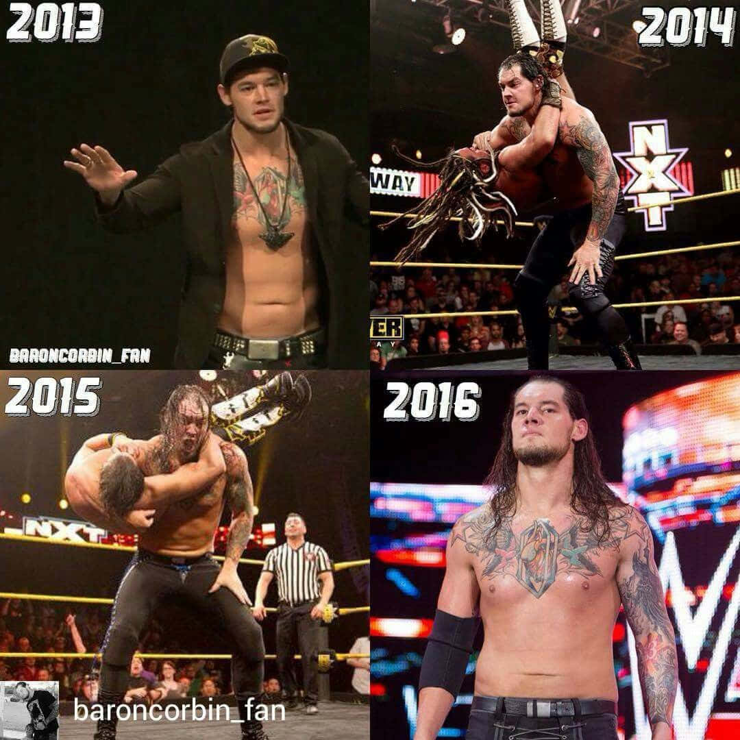 摔角 桌布 壁紙 — 四格拼圖展示摔角手 Baron Corbin 從2013年到2016年在WWE NXT和主力陣容比賽中的演變。
