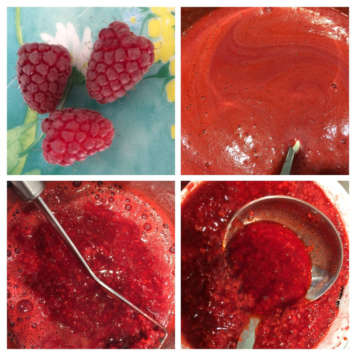 Berry 桌布 壁紙 — 四格拼圖顯示新鮮覆盆子用湯匙和搗碎器搗成鮮紅色果醬。
