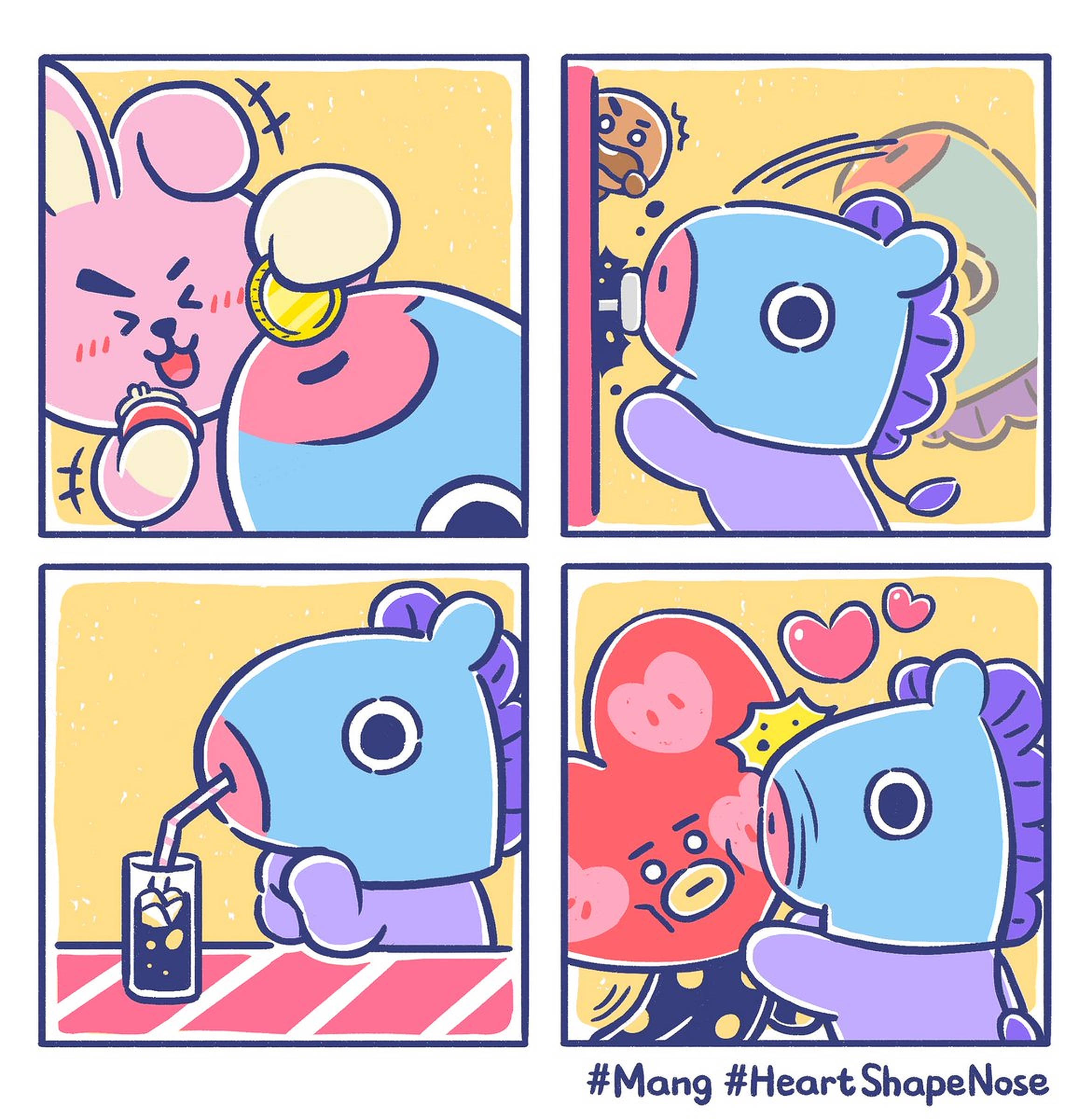 mang bt21 桌布 壁紙 — 四格漫畫，以明亮的粉彩顏色描繪可愛卡通動物之間嬉戲和親切的互動。
