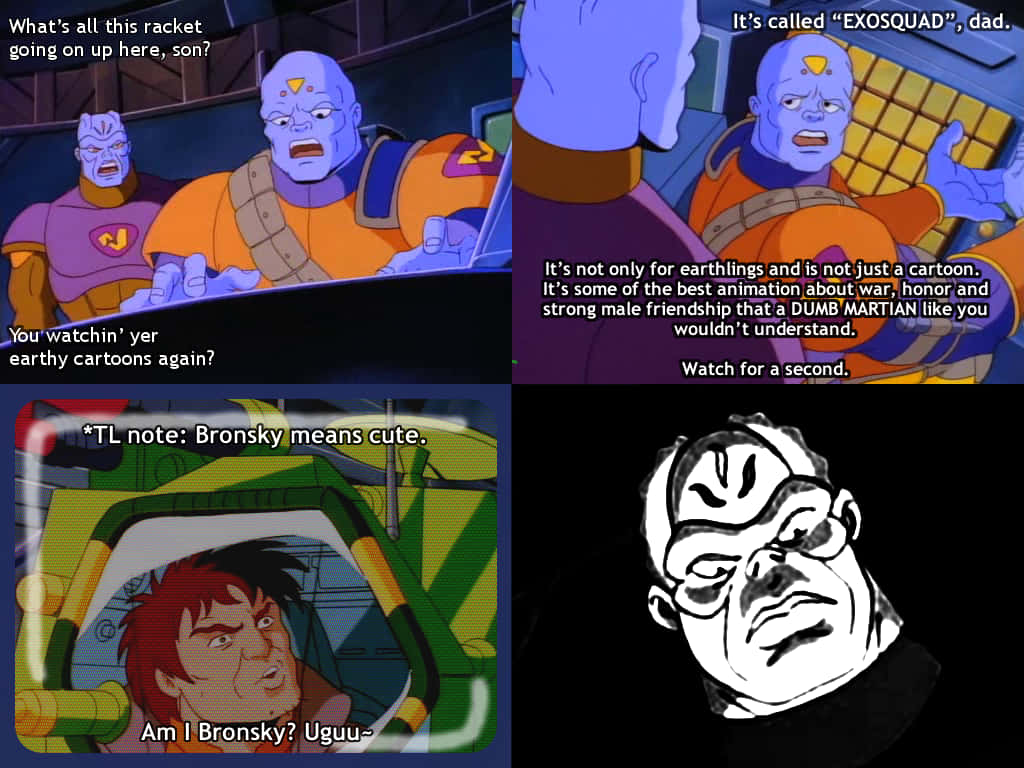 meme 桌布 壁紙 — 四格漫畫，描繪動畫外星角色在太空船中，帶有文字疊加層討論「Exosquad」和一個名為 Bronsky 的角色。