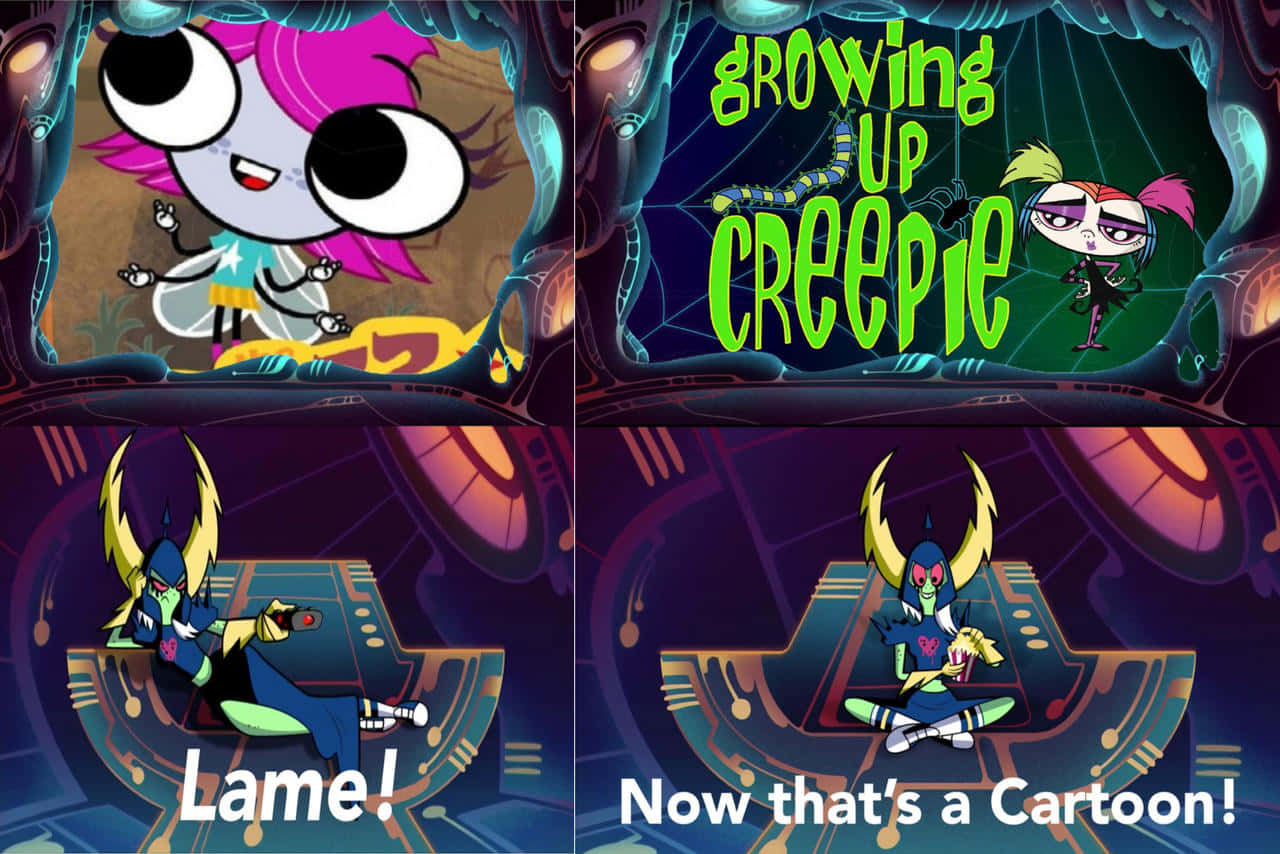 Cartoon 桌布 壁紙 — 四格漫畫，顯示太空船內的角色，附有文字「Growing Up Creepie」和「Lame!」「Now that's a Cartoon!」
