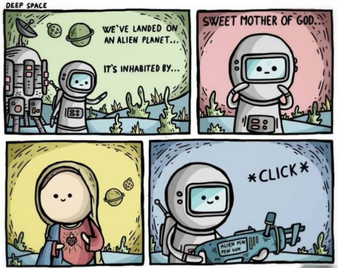 Dark Humor 桌布 壁紙 — 四格漫畫顯示一個可愛的太空人發現一個有奇怪植物和友善外星女性的外星行星。