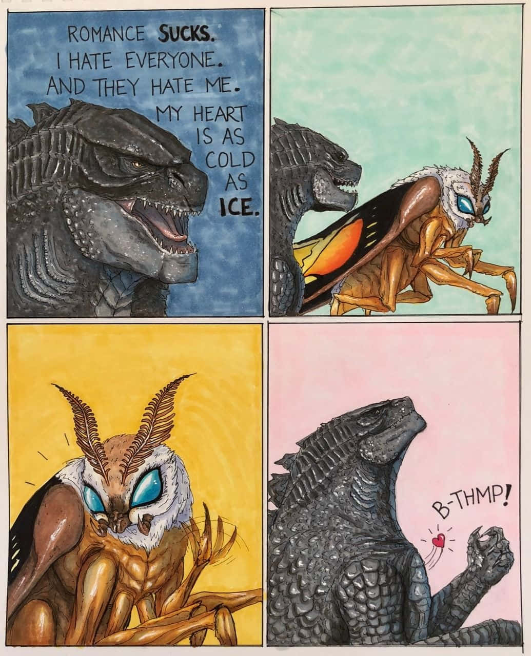 Godzilla Vs Mothra 桌布 壁紙 — 四格漫畫顯示哥吉拉因戀愛心碎，然後遇到一隻像飛蛾的生物，最後被牠狠狠打了一巴掌。