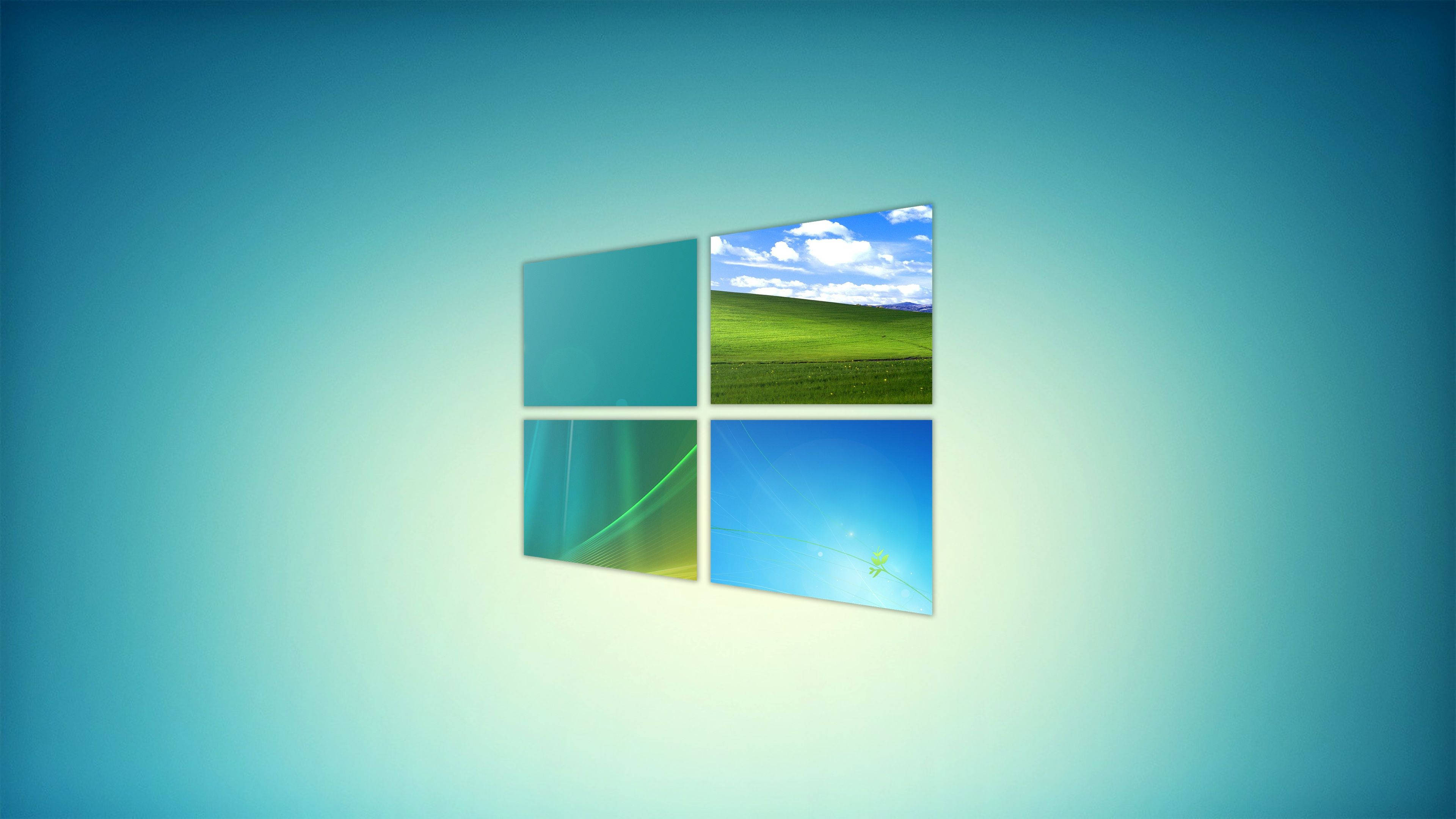 Windows 11 桌布 壁紙 — 四格窗戶標誌，帶有綠色田野、藍天和漸變背景上的抽象青綠色面板。