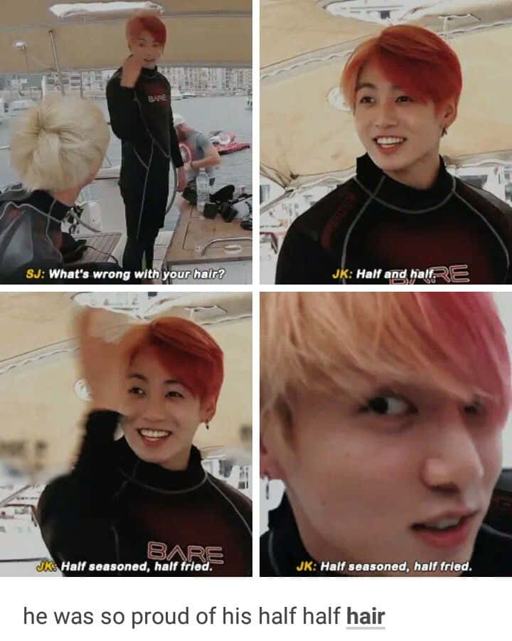 Bts Funny 桌布 壁紙 — 四格迷因，顯示兩個頭髮半紅半金的人對彼此的髮色作出反應。