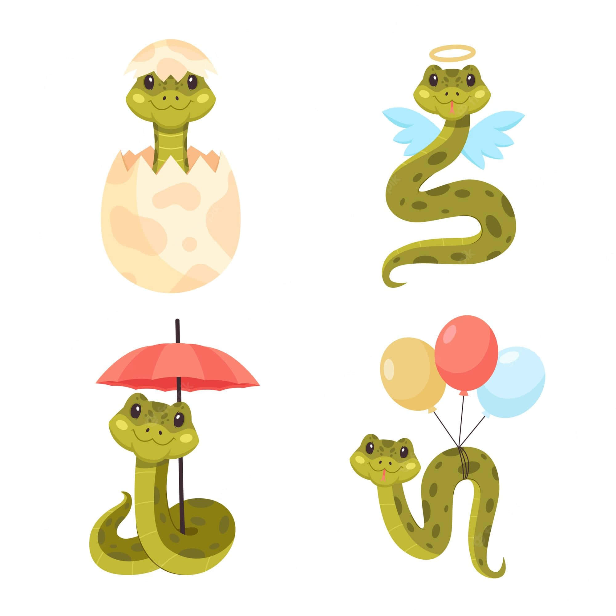 snakes 桌布 壁紙 — 四條可愛卡通蛇以異想天開的姿勢：從蛋中孵化、扮演天使、撐傘和拿著氣球。