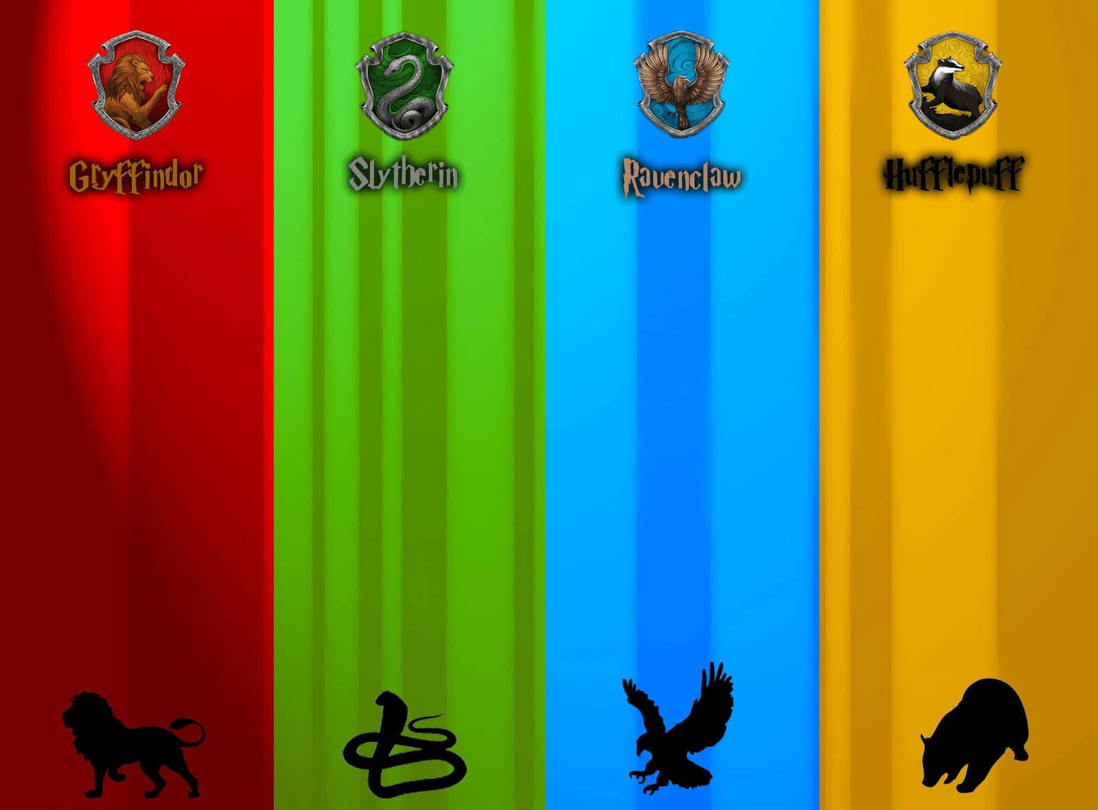 The Hogwarts Houses 桌布 壁紙 — 四條垂直彩色條紋在鮮豔背景上展示霍格華茲學院徽章和動物剪影。