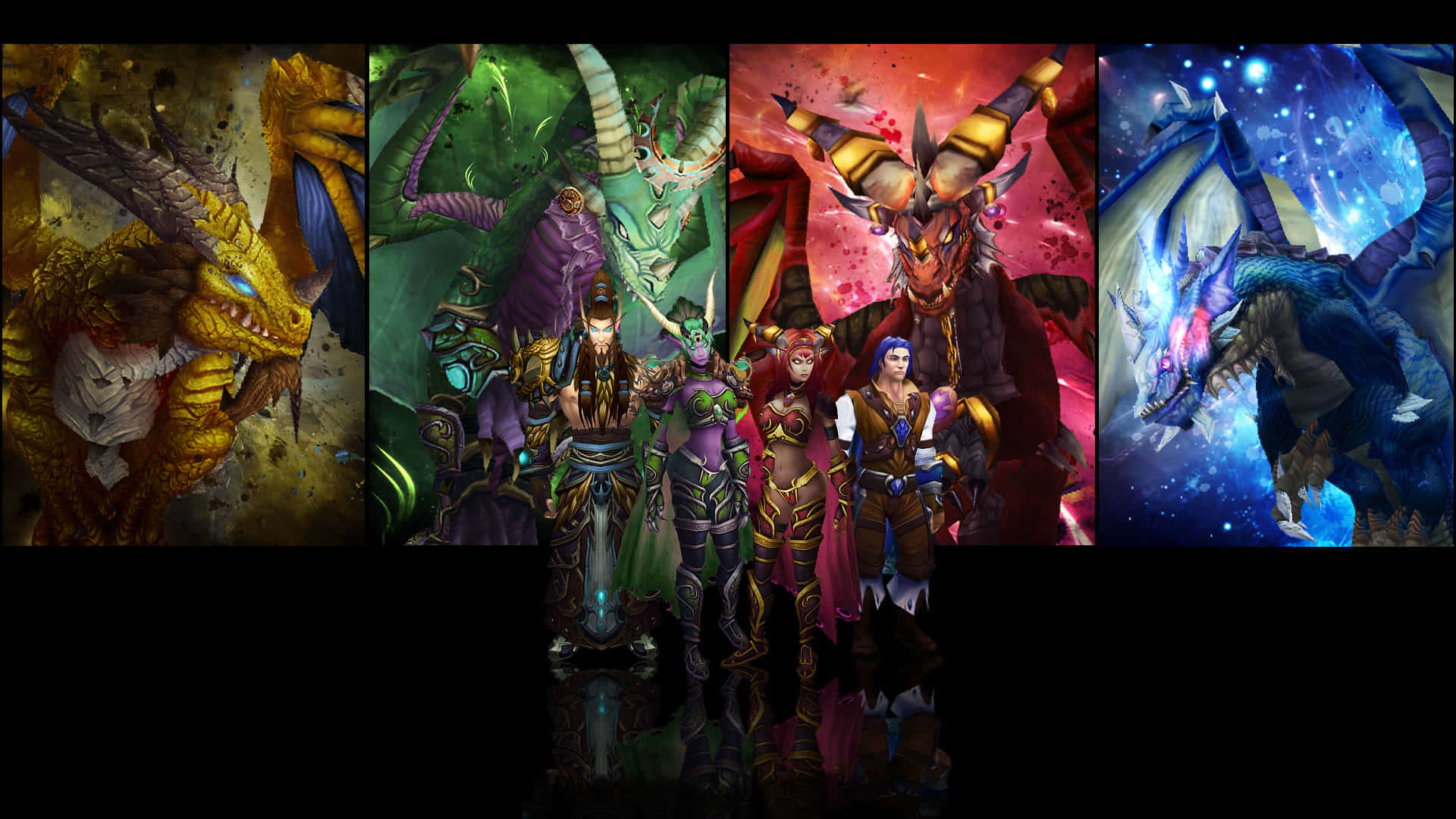World Of Warcraft 1920x1080 桌布 壁紙 — 四條奇幻龍和身穿盔甲的英雄站在充滿活力、戲劇性的面板中，背景是宇宙和火焰。
