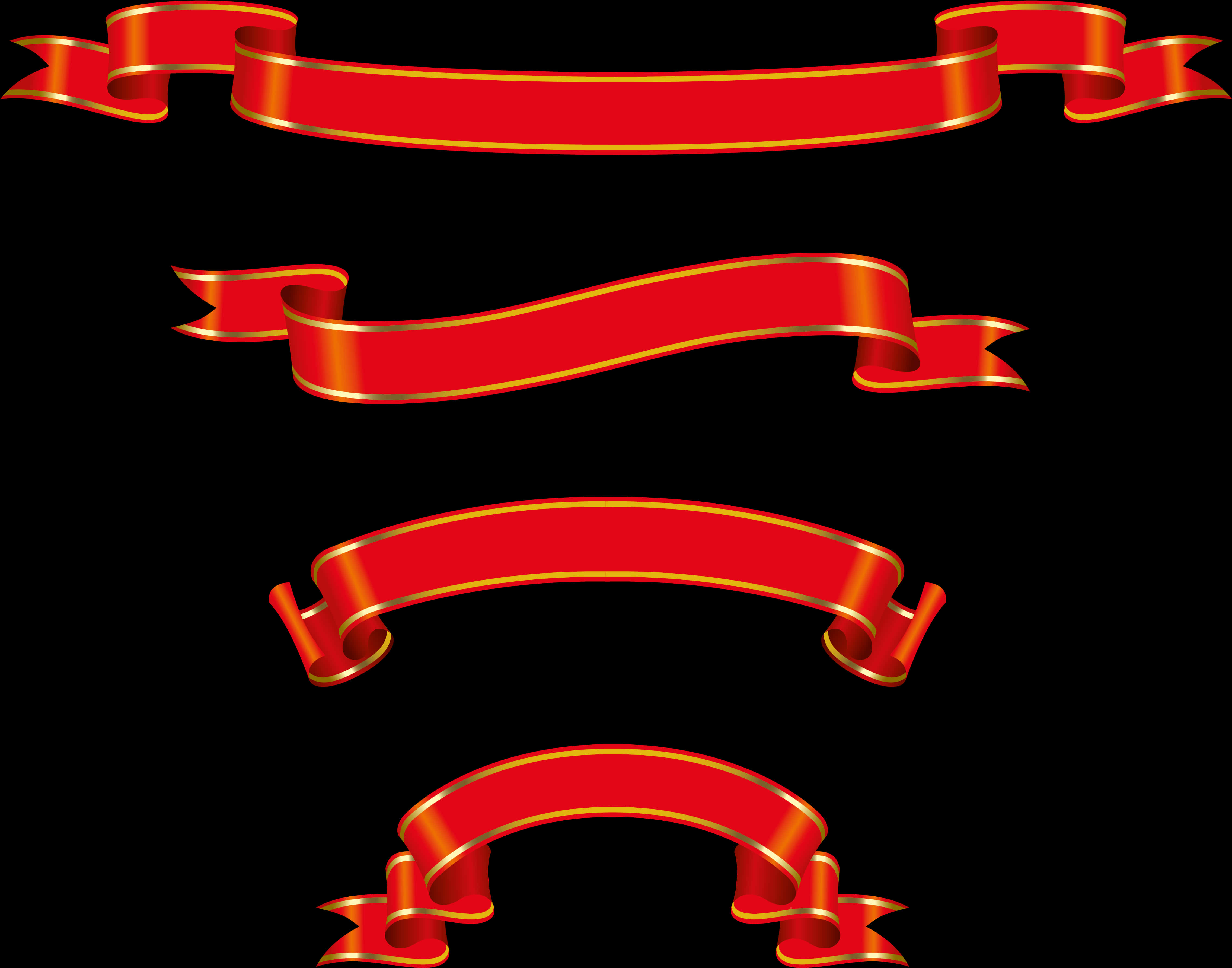 Ribbon Banner 桌布 壁紙 — 四條帶有金色飾邊的光澤紅色絲帶在純黑背景上以各種優雅曲線漂浮。