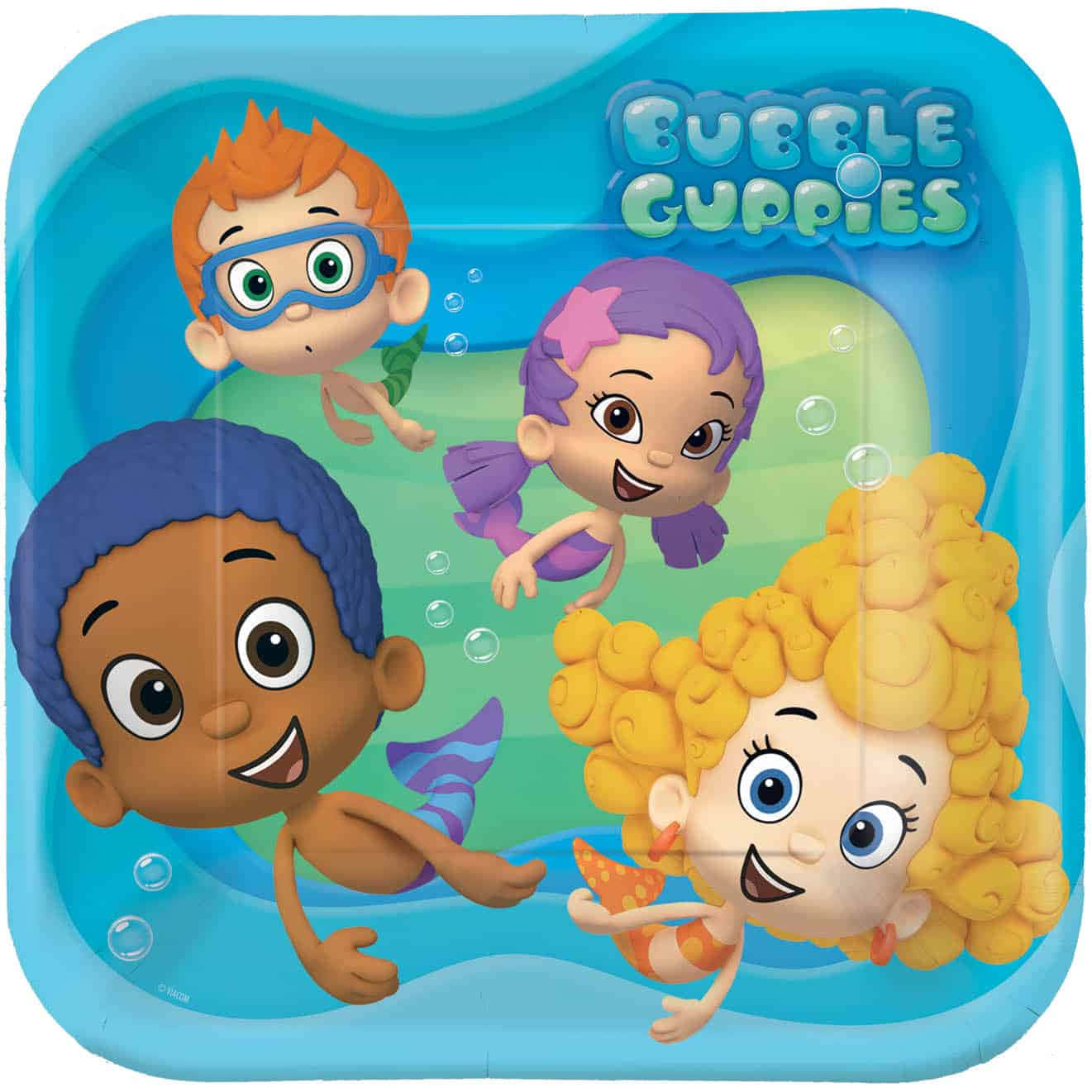 Bubble Guppies 桌布 壁紙 — 四條快樂的卡通孔雀魚在明亮的藍色海洋場景中與氣泡和節目標題一起在水下游泳。