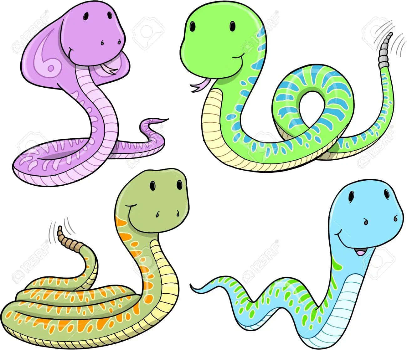 snakes 桌布 壁紙 — 四條色彩繽紛的卡通蛇，帶有友善的臉孔和俏皮的姿勢，在白色背景上。
