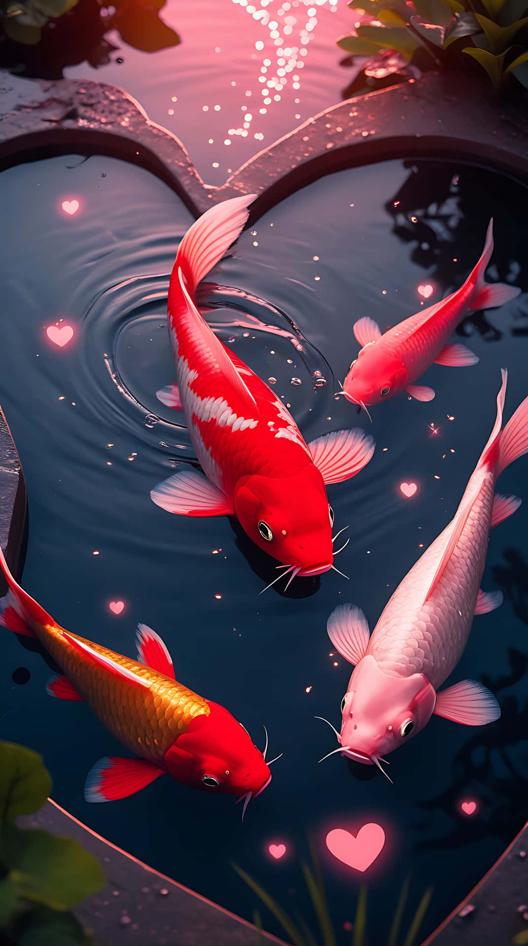 Red Kohaku Fish in Heart-Shaped Pond – Love Wallpaper for Smartphone 壁紙 — 四條色彩繽紛的錦鯉在一個心形池塘中優雅地游動，池塘散發著粉紅色的光芒，並漂浮著心形。