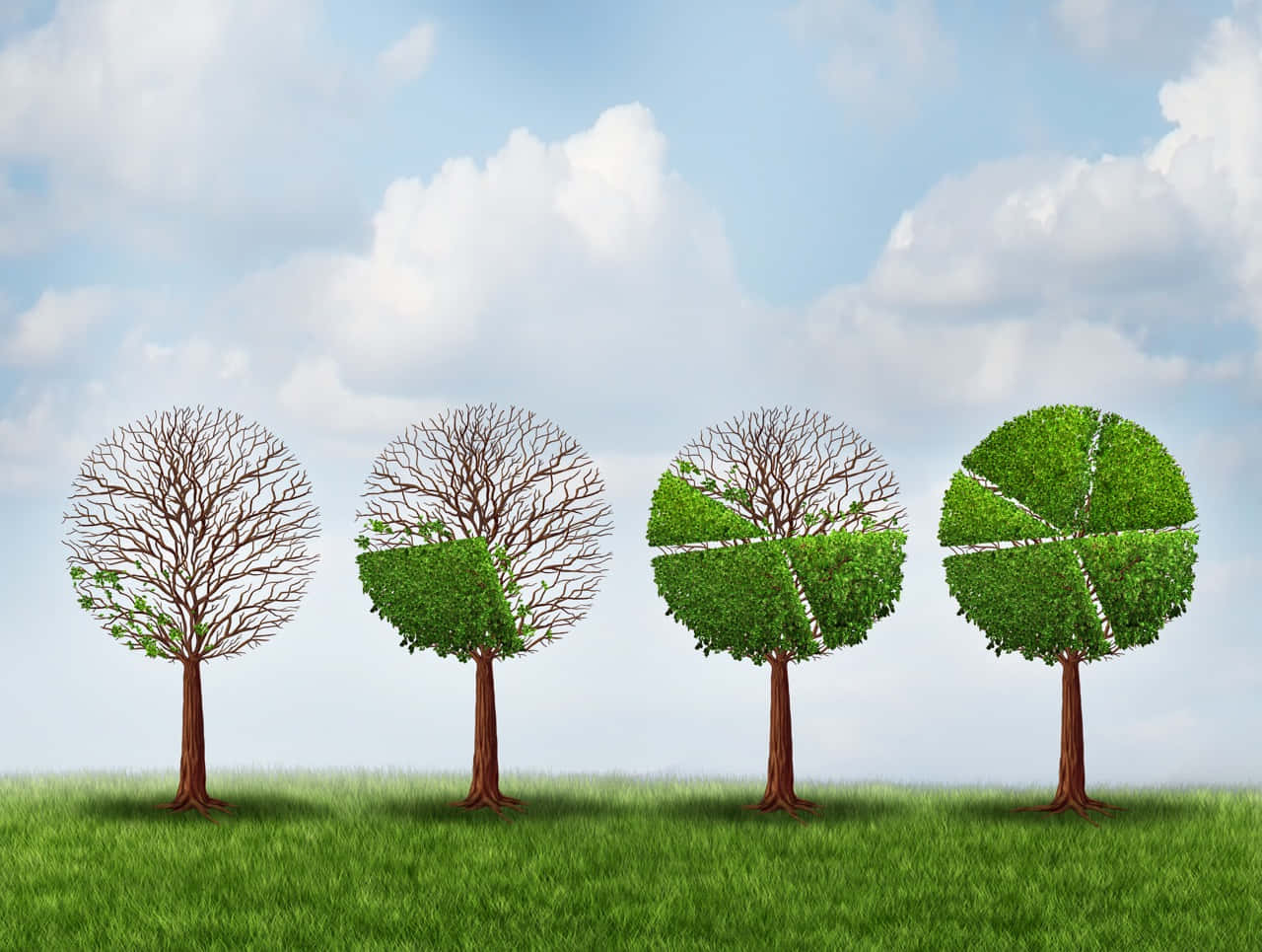 Green Economy 桌布 壁紙 — 四棵樹排成一排，在陰天背景下展現從光禿樹枝到茂密綠色樹冠的漸進生長。