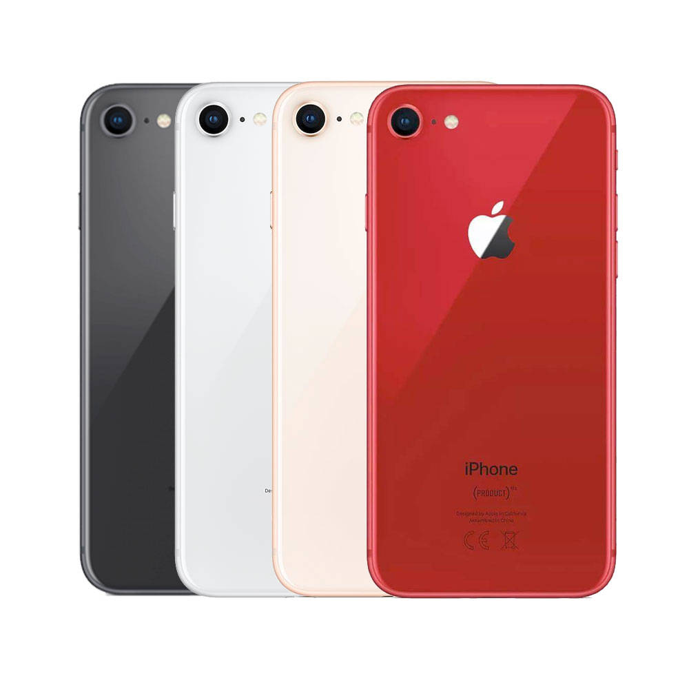 iPhone 8 桌布 壁紙 — 四款 iPhone 7 型號（黑色、白色、金色和紅色）並排展示其光亮的背面和單一相機。