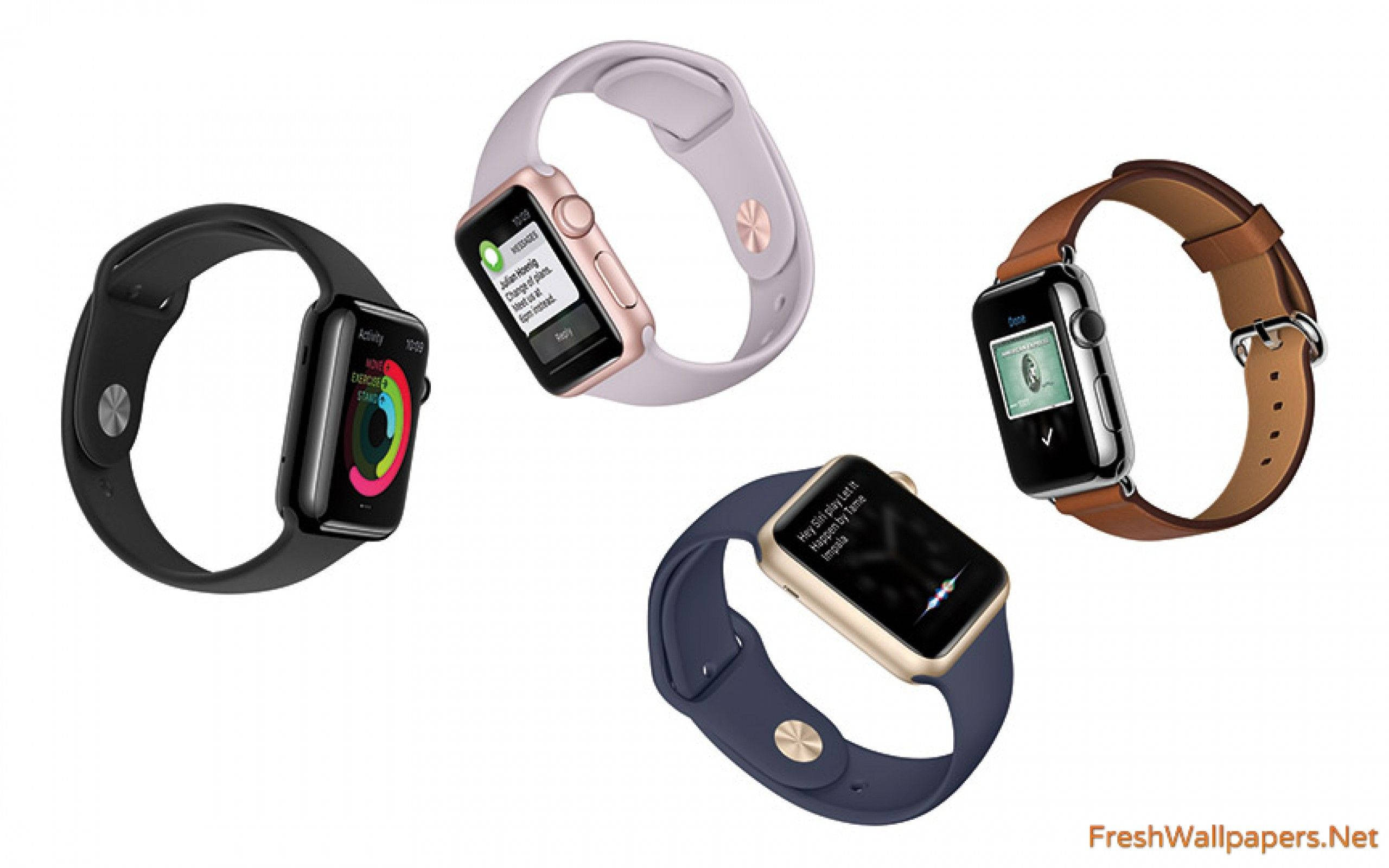 Apple Watch 動態 桌布 壁紙 — 四款Apple Watch配備不同錶帶和彩色顯示螢幕，展示在潔淨的白色背景上。