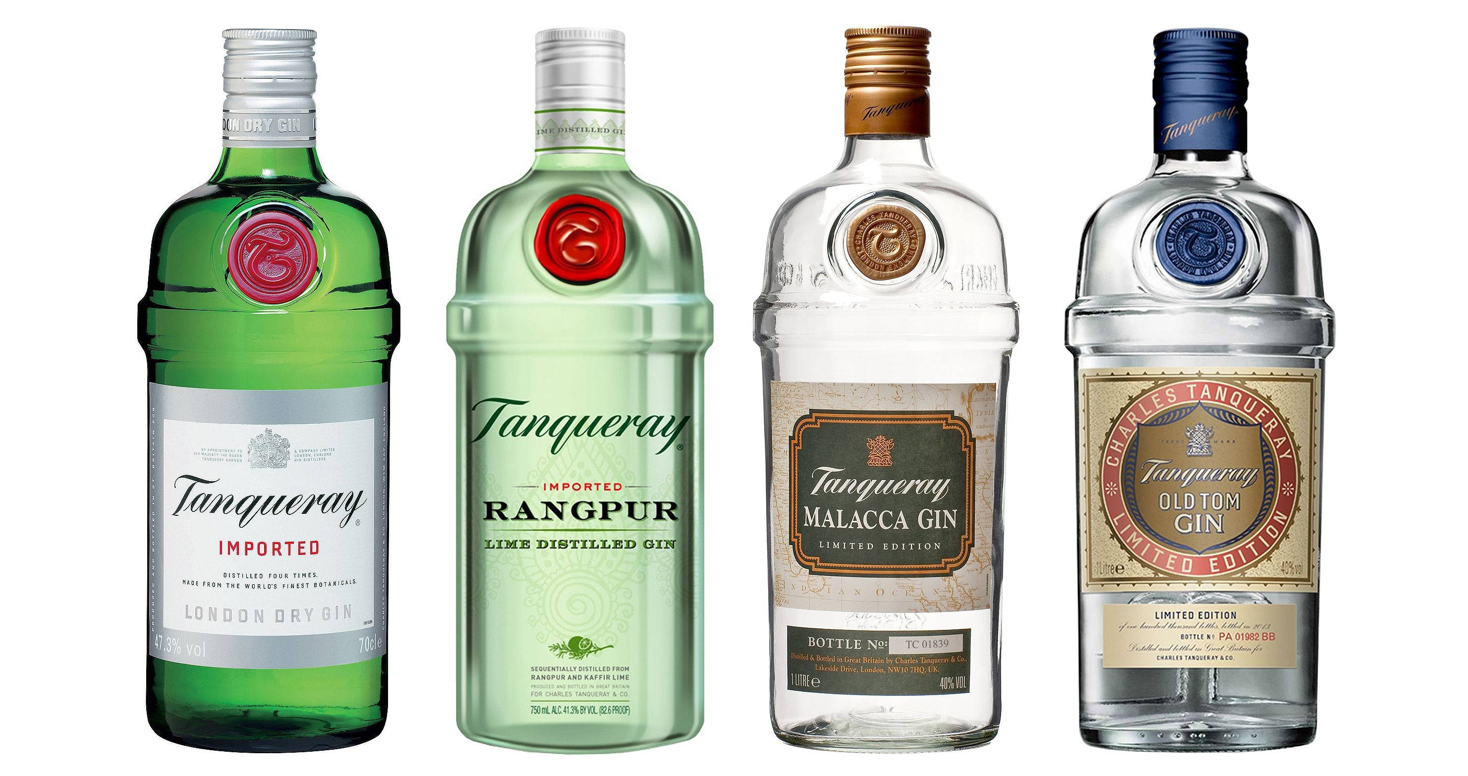 drinks 桌布 壁紙 — 四款不同的Tanqueray琴酒瓶並排展示在潔白背景前，展現多樣的玻璃顏色和標籤設計。