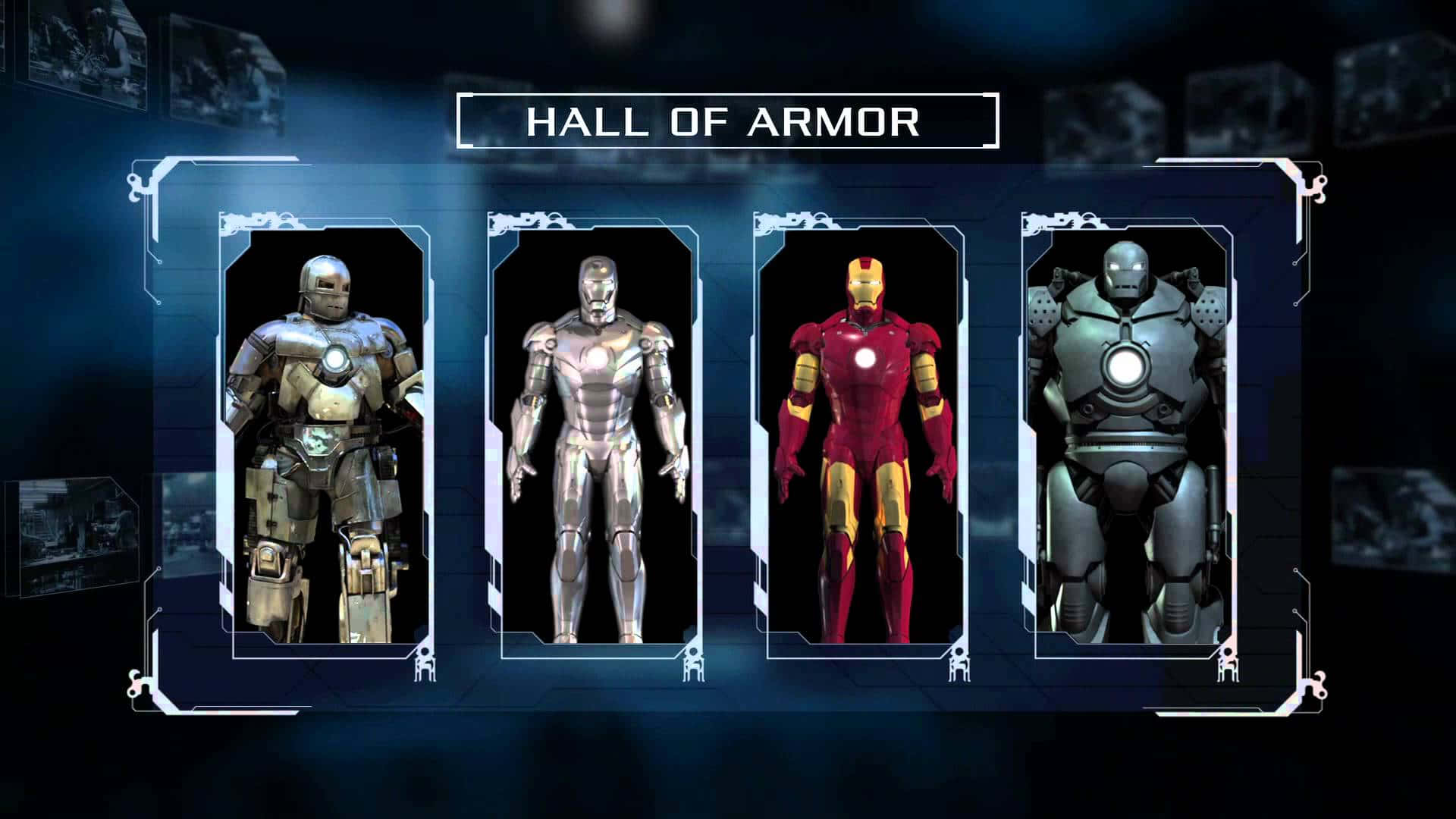 Iron Man Suit 桌布 壁紙 — 四款不同的鋼鐵人戰衣在一個高科技大廳內發光的未來風格裝甲展示櫃中展出。