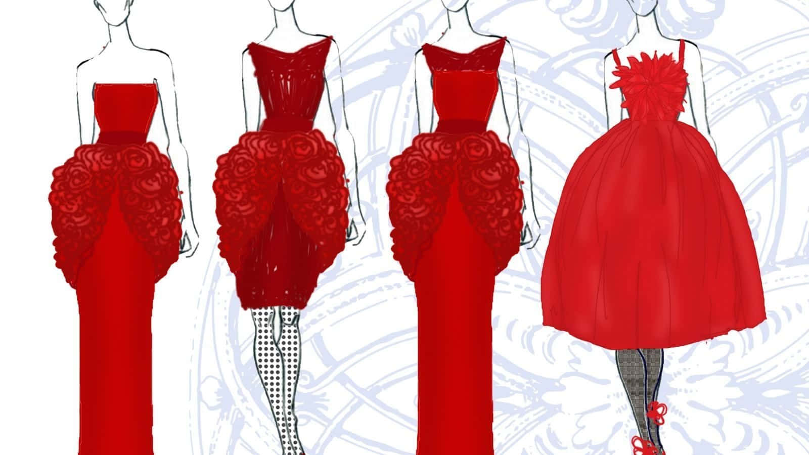 Clothing Design 桌布 壁紙 — 四款優雅的紅色禮服設計，帶有玫瑰裝飾，在裝飾性背景上以風格化的女性人物素描呈現。