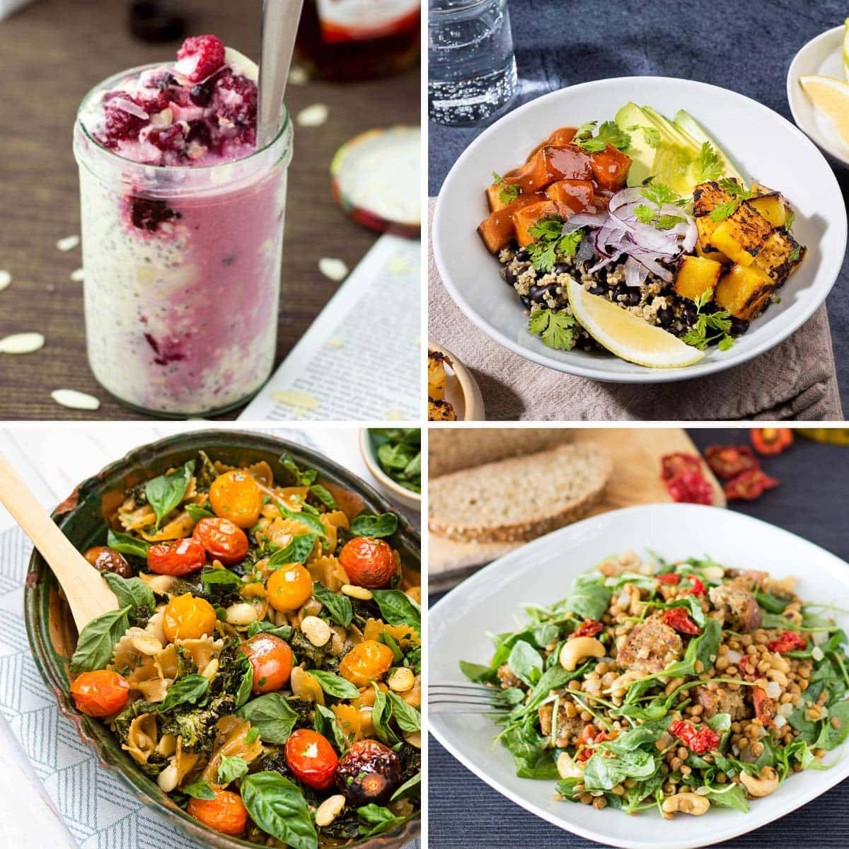 Healthy Food 桌布 壁紙 — 四款充滿活力的健康餐點，包括莓果隔夜燕麥、地瓜碗、烤番茄義大利麵和扁豆沙拉。