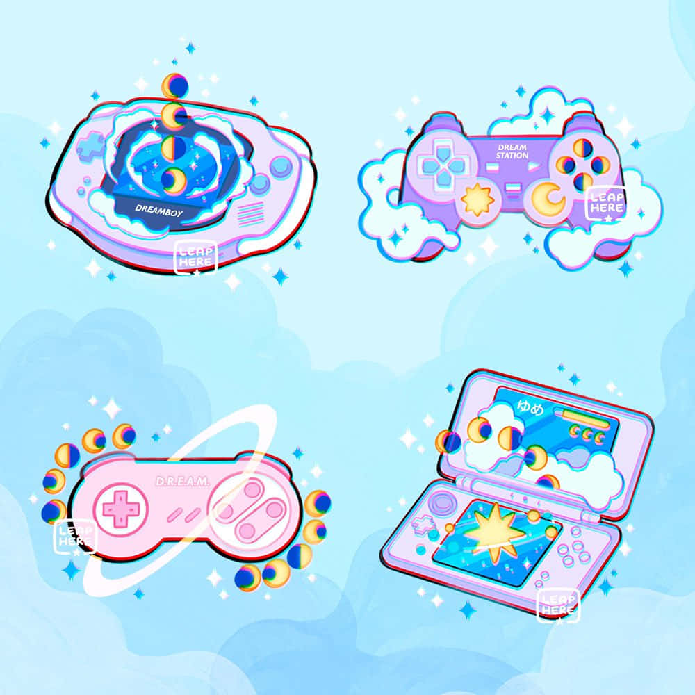 Kawaii Gaming 桌布 壁紙 — 四款夢幻粉彩遊戲裝置漂浮在雲層中，帶有夢幻的天體圖案和閃爍的星星。