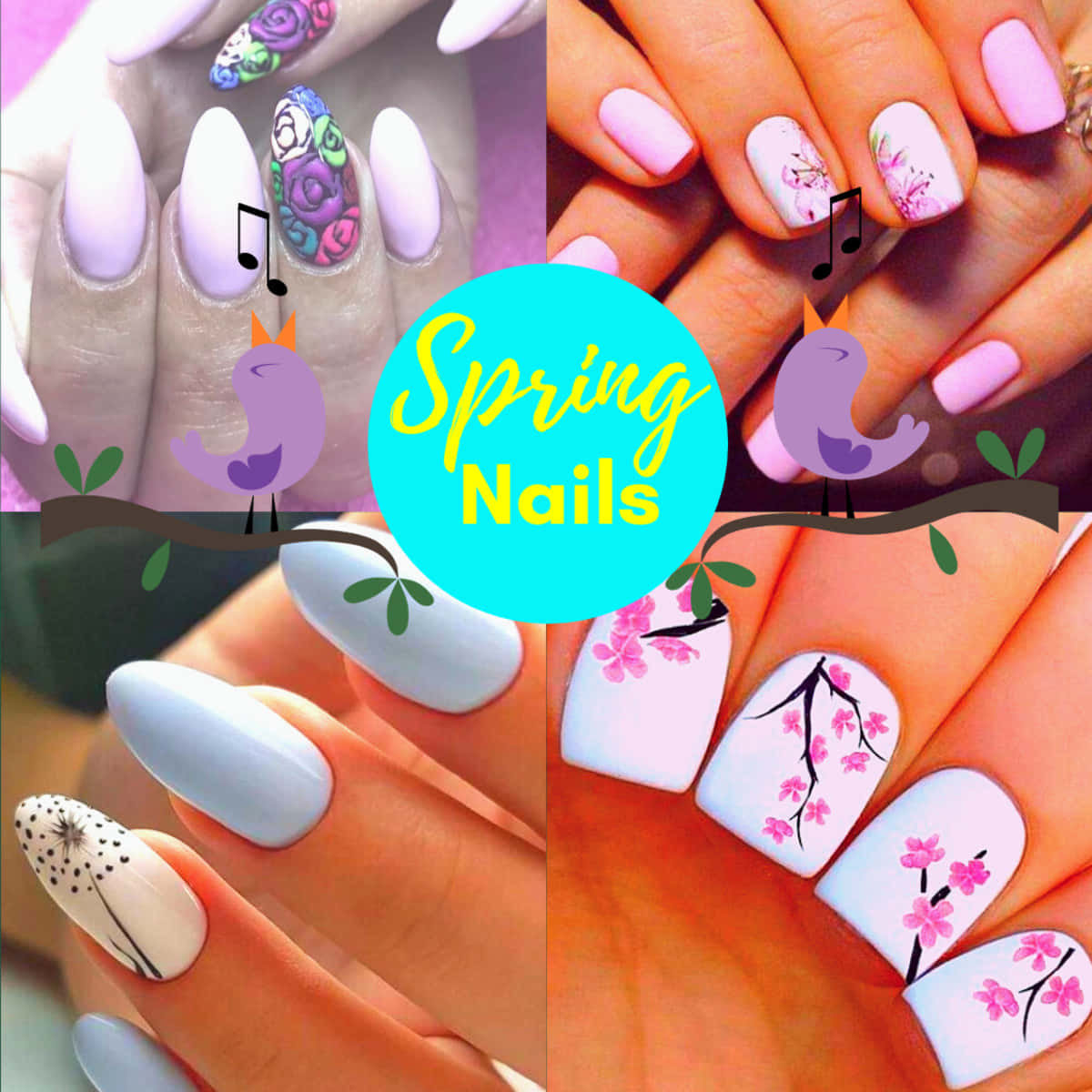 Spring Nails 桌布 壁紙 — 四款春季主題美甲設計，以櫻花、鳥類和花卉圖案點綴於粉彩美甲手上。