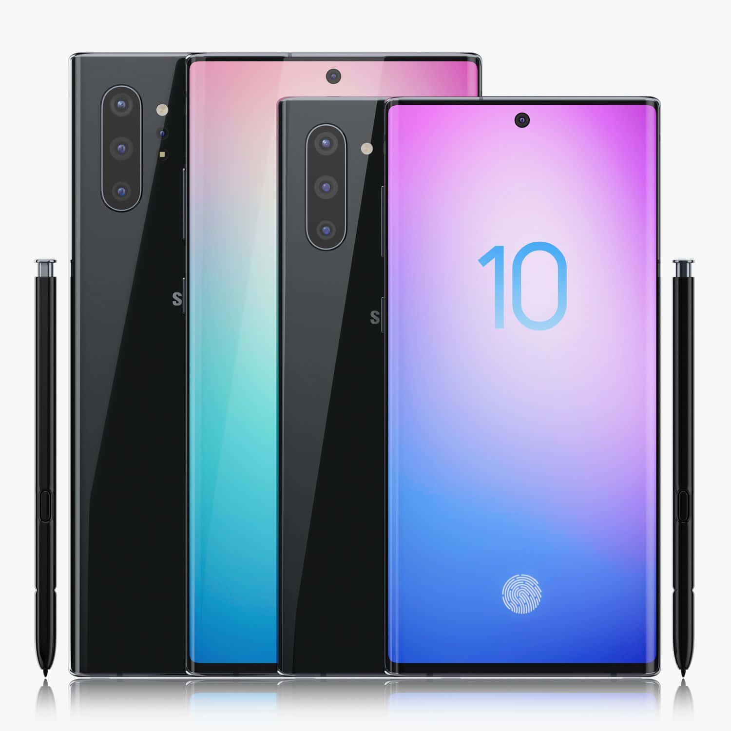 Note 10 桌布 壁紙 — 四款時尚的Samsung Galaxy Note 10手機，採用漸變和黑色飾面，配備S Pen觸控筆，在純白色背景上展示。