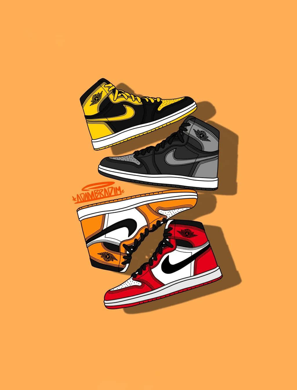 四款不同配色的 Air Jordan 1 運動鞋漂浮在橙色背景上。 — Air Jordan 1 壁紙