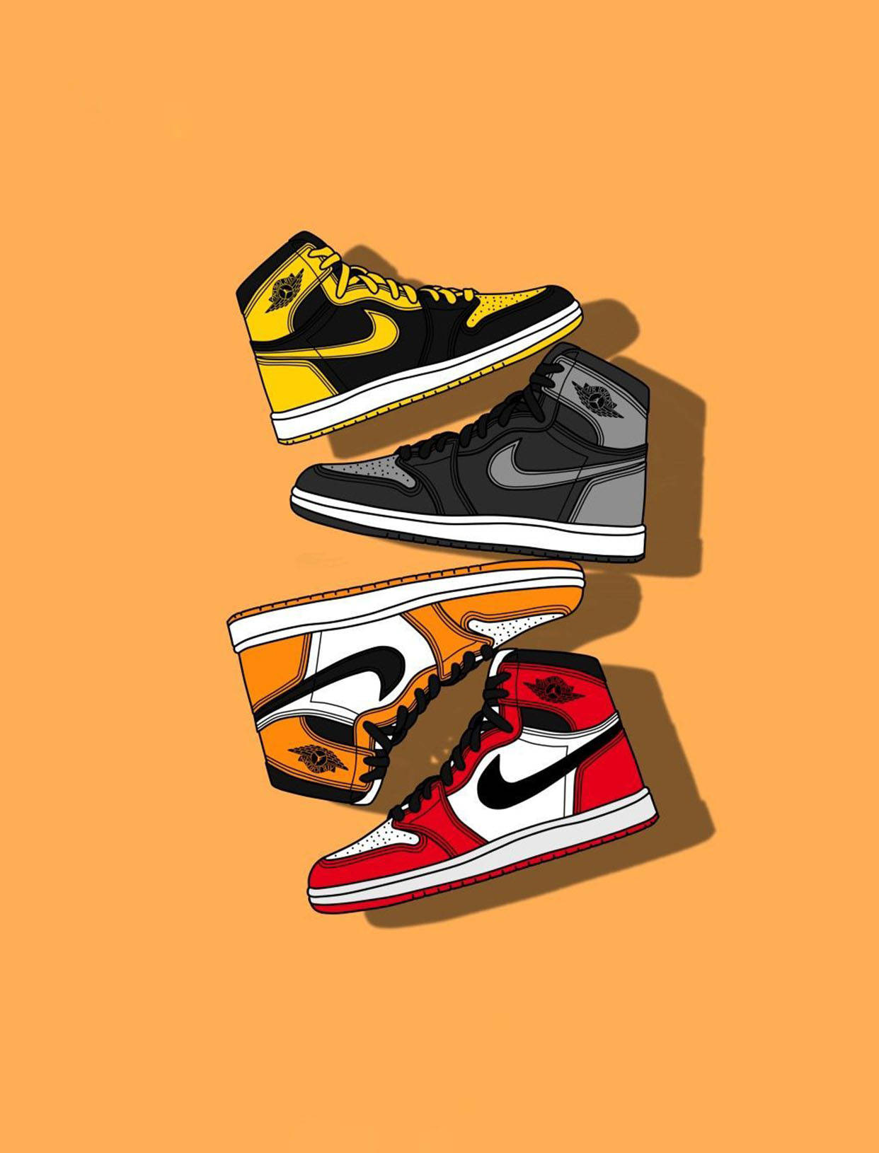 卡通鞋子 桌布 壁紙 — 四款標誌性 Air Jordan 運動鞋以鮮豔配色漂浮在純橙色背景上，帶有柔和陰影。