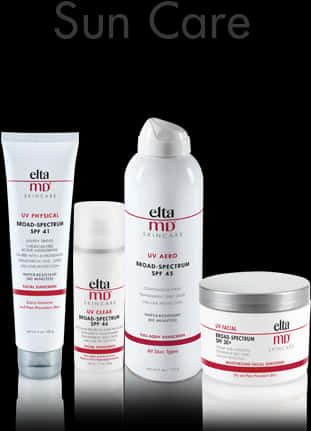 Skincare 桌布 壁紙 — 四款白色和紅色的EltaMD防曬產品排列在反光的黑色表面上，在攝影棚燈光下。