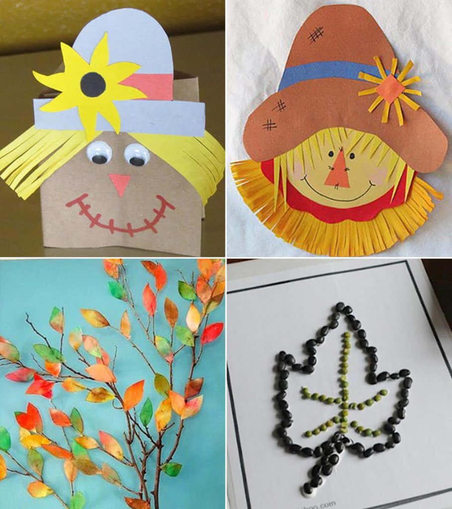 Fall Crafts 桌布 壁紙 — 四款秋季手工藝品：在青綠色背景上，用紙製作的稻草人配上向日葵和珠子葉子藝術。