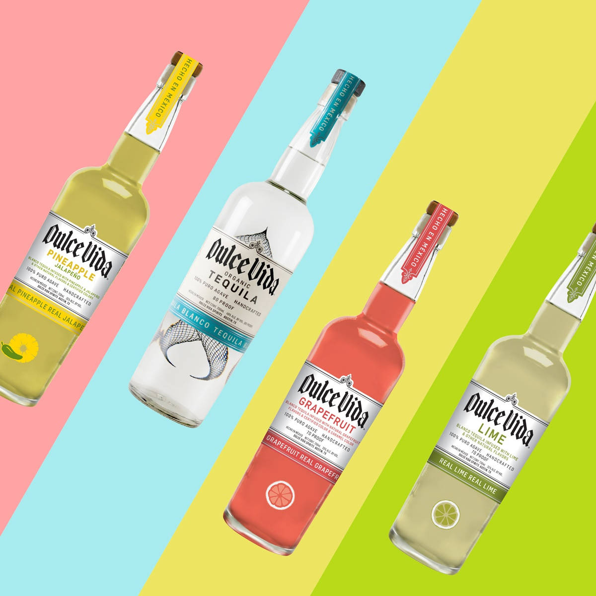 cocktail 桌布 壁紙 — 四款色彩繽紛的Dulce Vida龍舌蘭酒瓶，傾斜放置於充滿活力的粉彩對角線背景前。