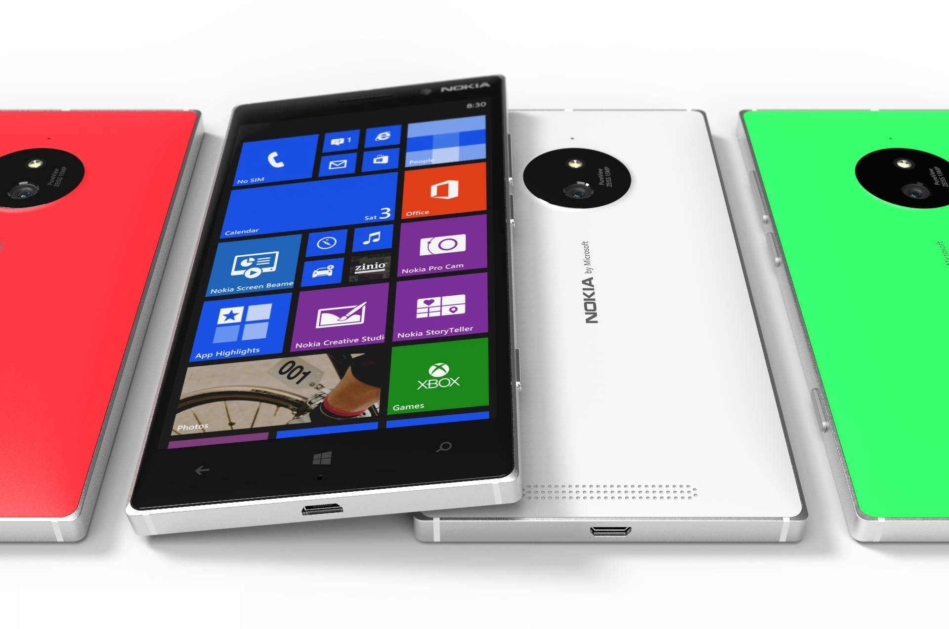 諾基亞 桌布 壁紙 — 四款色彩繽紛的Nokia Lumia智慧型手機排列成行，展示鮮豔的背板和Windows Phone介面。