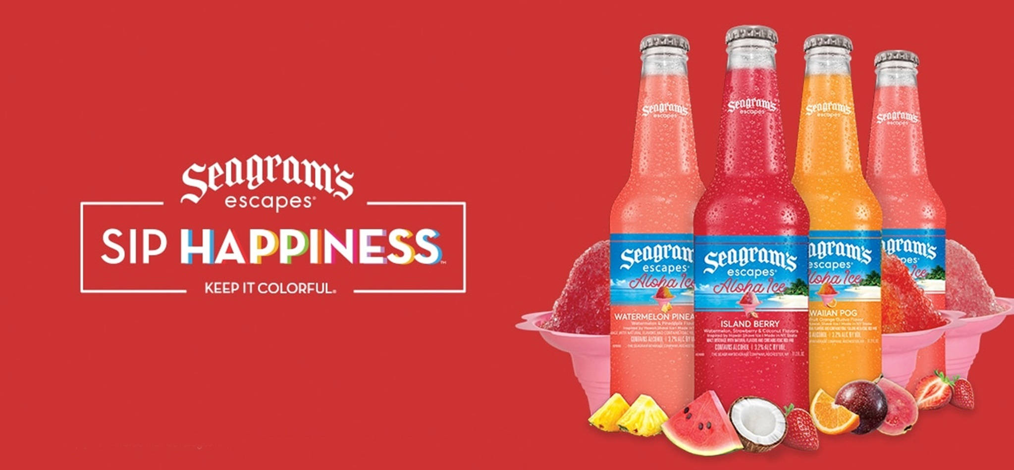 高清 桌布 壁紙 — 四款色彩繽紛的Seagram's Escapes汽水瓶，配上熱帶水果裝飾，襯托大膽的紅色背景。