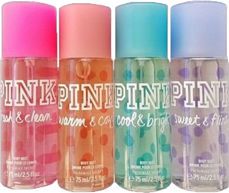 維多利亞的秘密 桌布 壁紙 — 四款色彩繽紛的Victoria's Secret Pink身體噴霧，有粉紅色、橙色、藍綠色和薰衣草色，帶有圓點圖案和香味名稱。