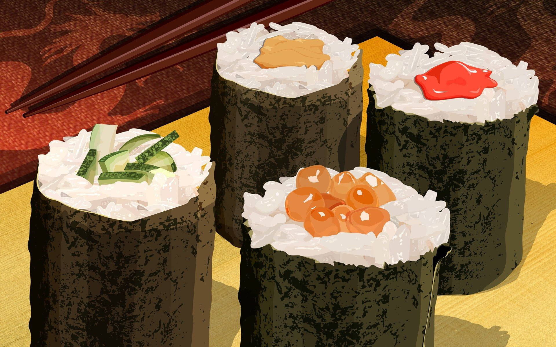 Sushi 桌布 壁紙 — 四款色彩繽紛的壽司卷，上面鋪有黃瓜、飛魚卵和醬汁，放在木托盤上，旁邊有筷子。