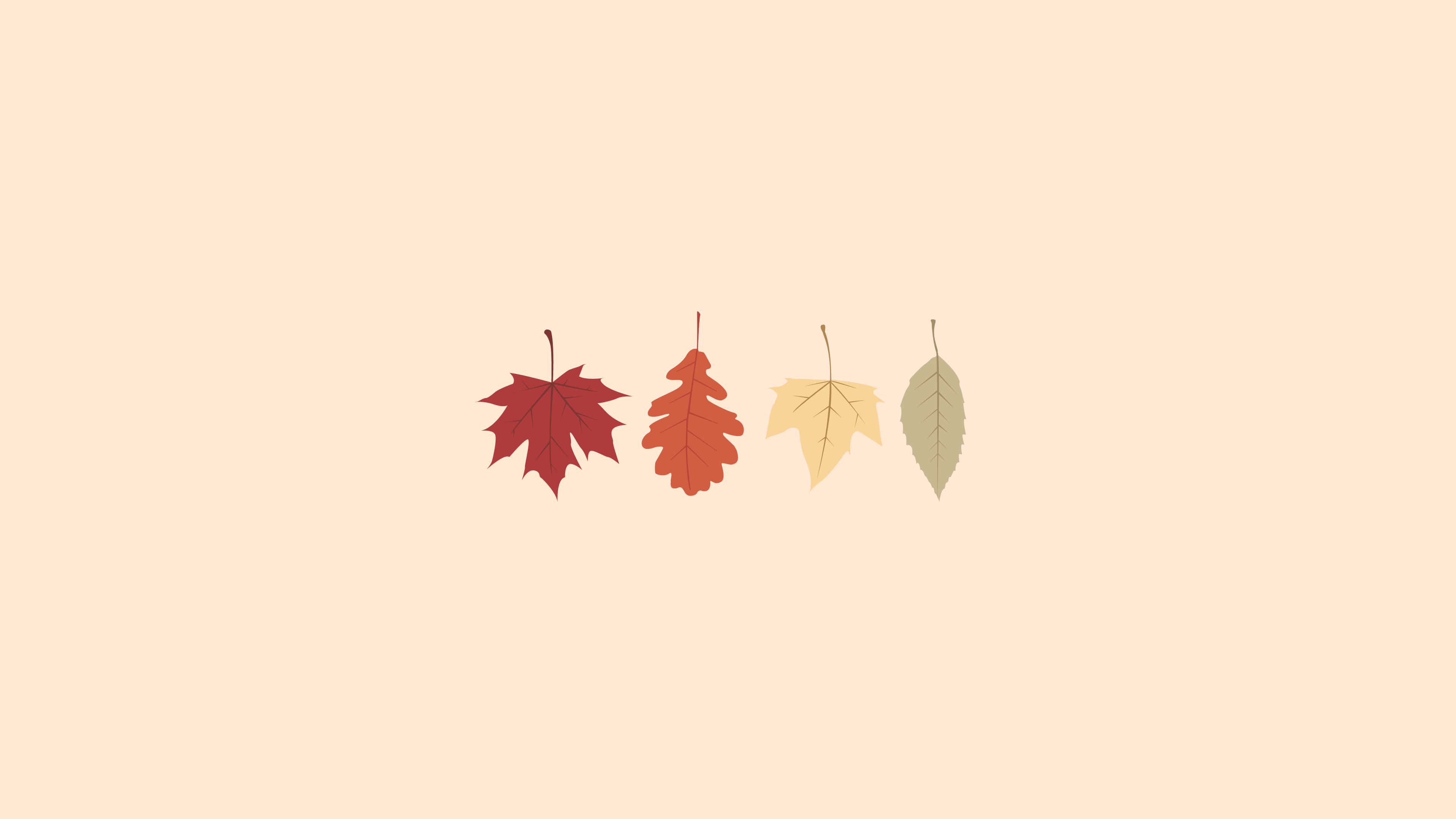 Fall Aesthetic Macbook 桌布 壁紙 — 四片風格化的秋葉，分別為紅色、橙色、黃色和綠色，漂浮在柔和的米色背景上。