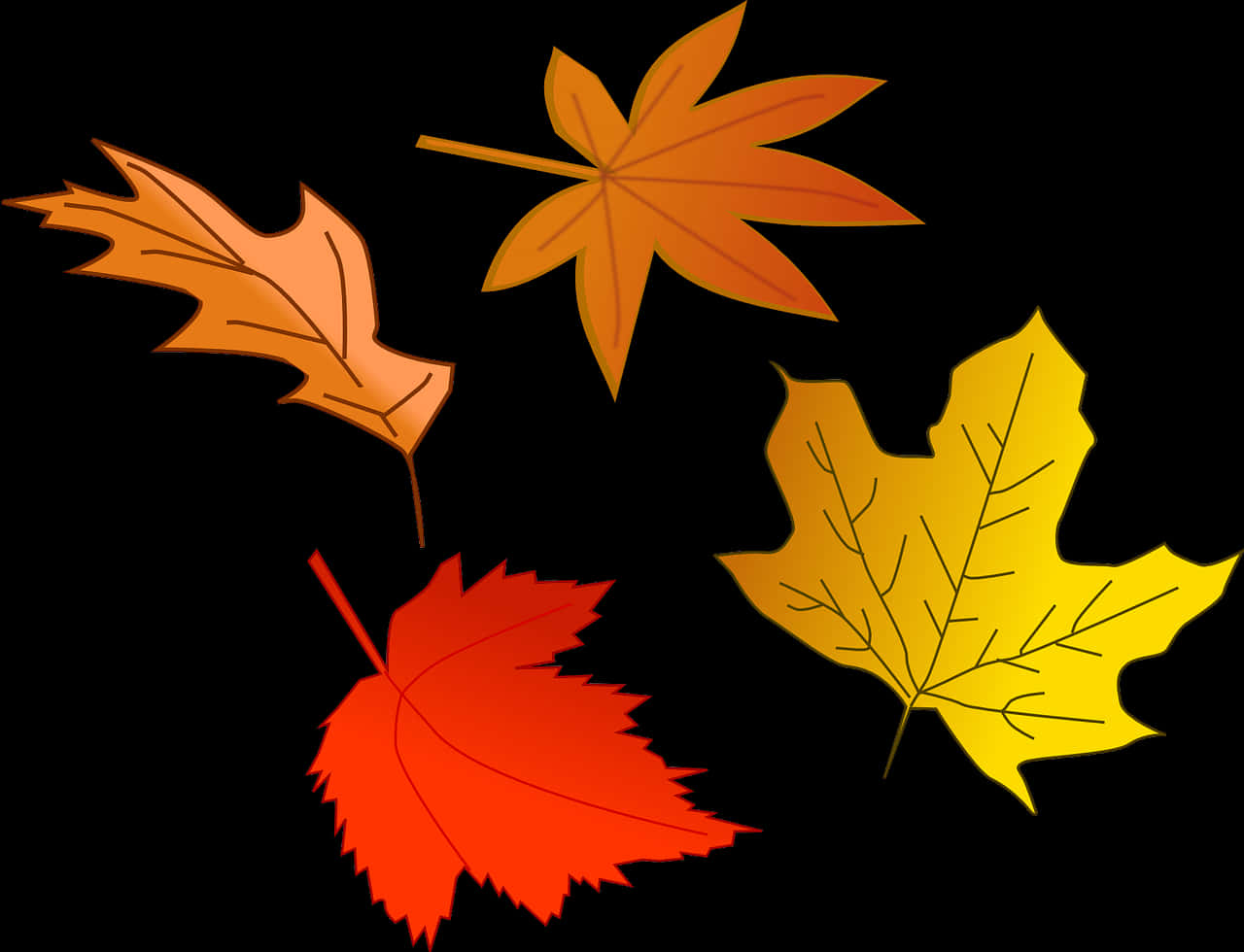 Fall Leaf 桌布 壁紙 — 四片風格化的秋葉，橙色、紅色和黃色，漂浮在純黑色背景上。