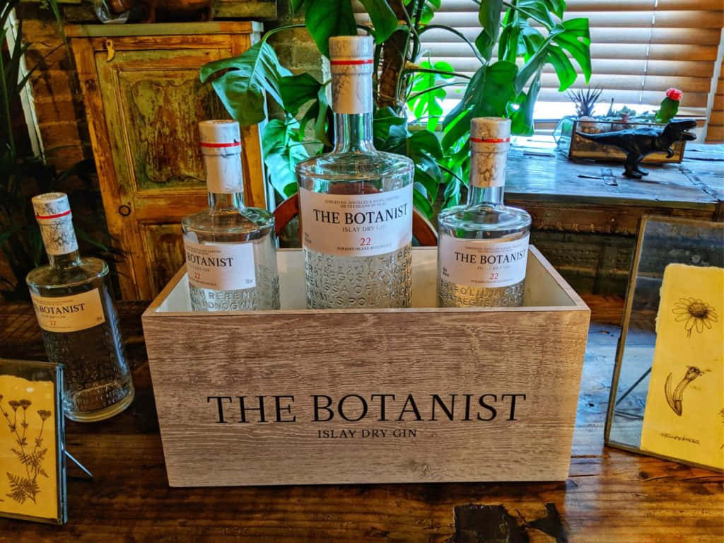 drinks 桌布 壁紙 — 四瓶 The Botanist Islay Dry Gin 放在一個木箱中，置於一張被綠色植物和復古裝飾環繞的鄉村風格桌子上。