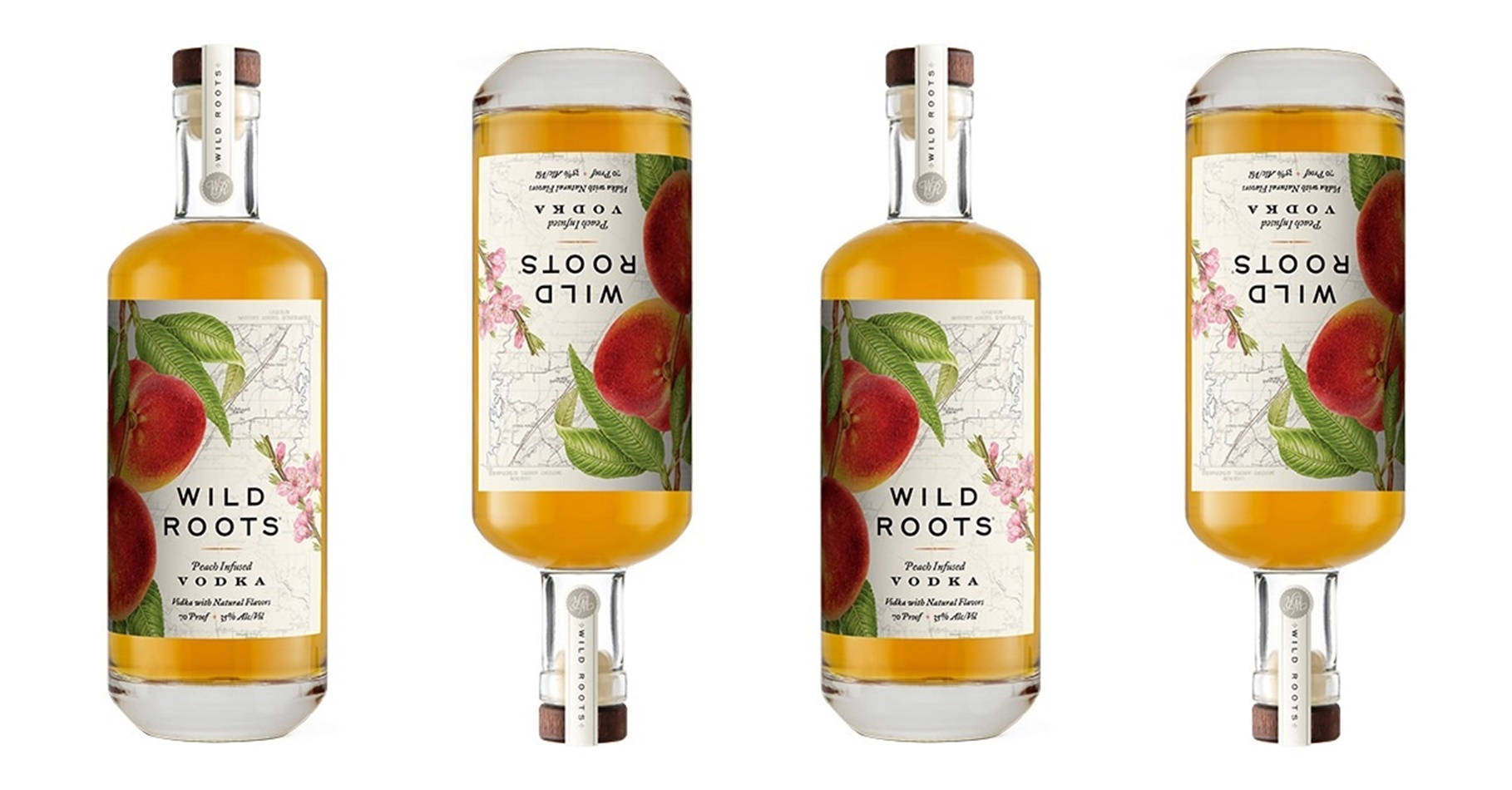 品牌 桌布 壁紙 — 四瓶相同的 Wild Roots Peach Infused Vodka 排列成一排，背景為乾淨的白色。