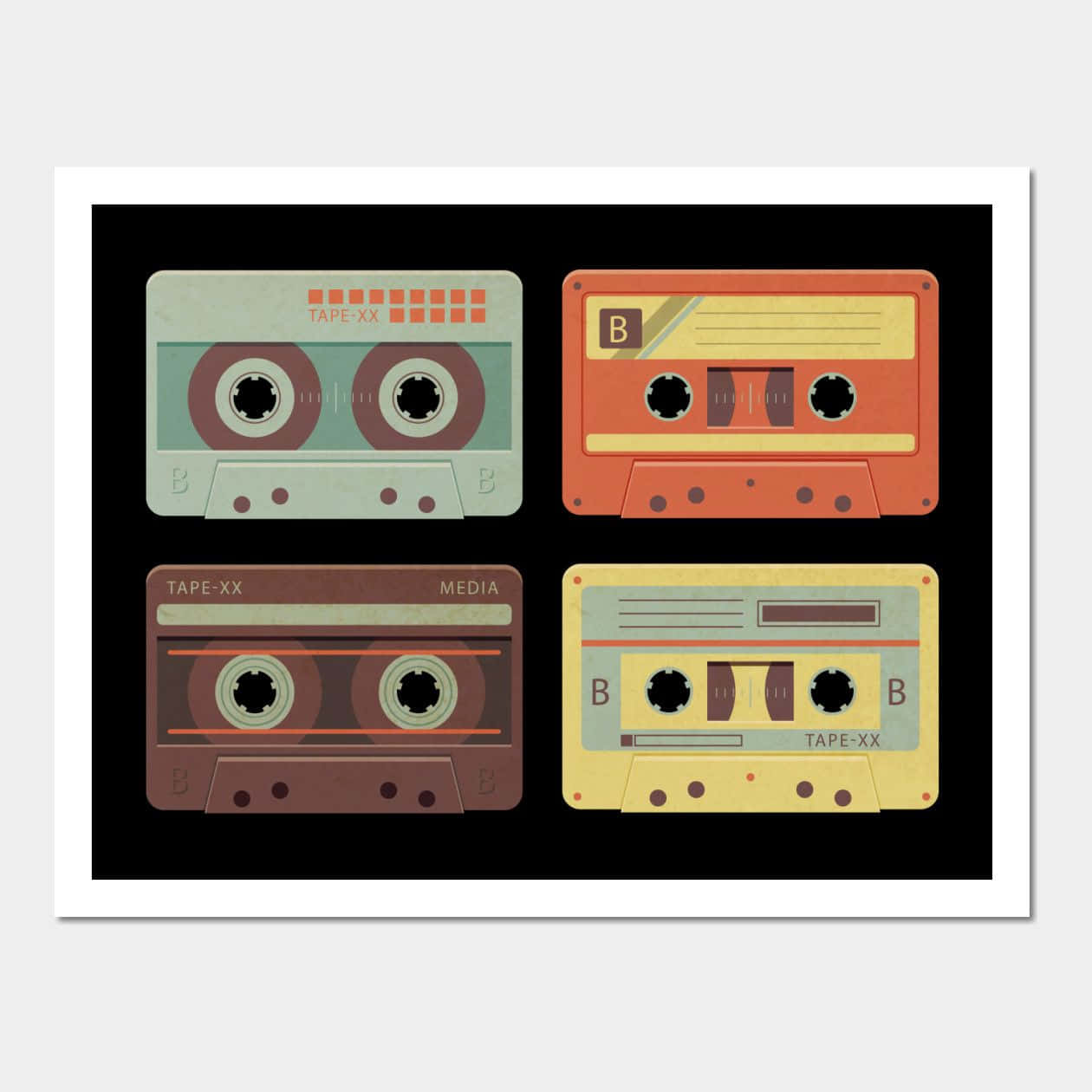 Mixtape 桌布 壁紙 — 四盒復古卡式錄音帶以柔和復古色調整齊排列在黑色背景上。