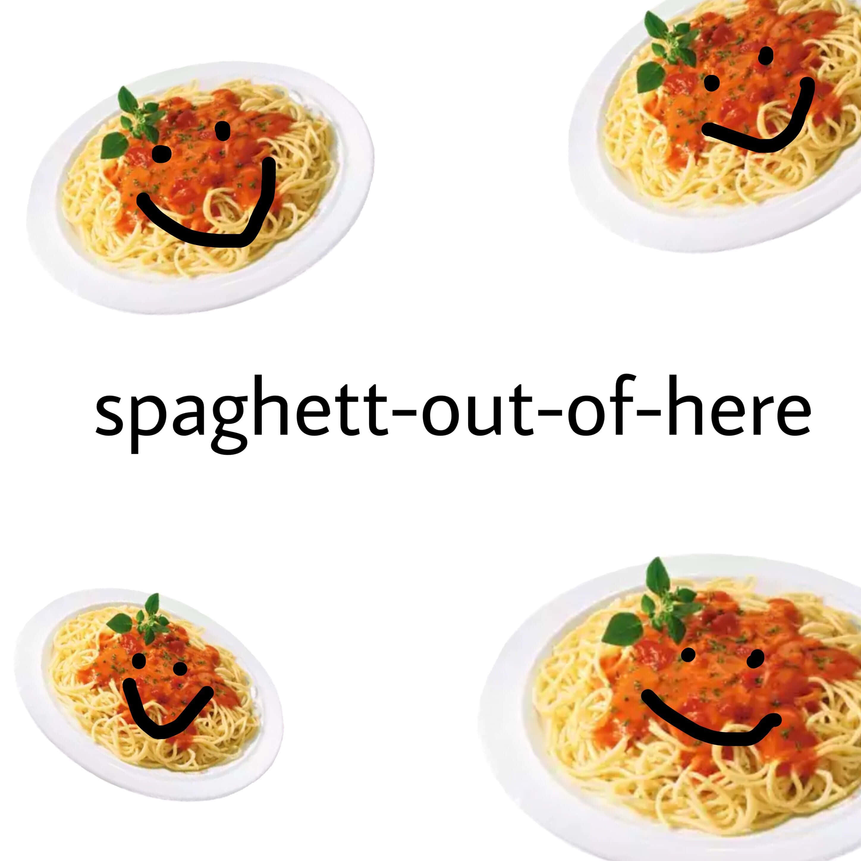 Food Memes 桌布 壁紙 — 四盤番茄醬羅勒義大利麵，每盤上面都有一個手繪笑臉。