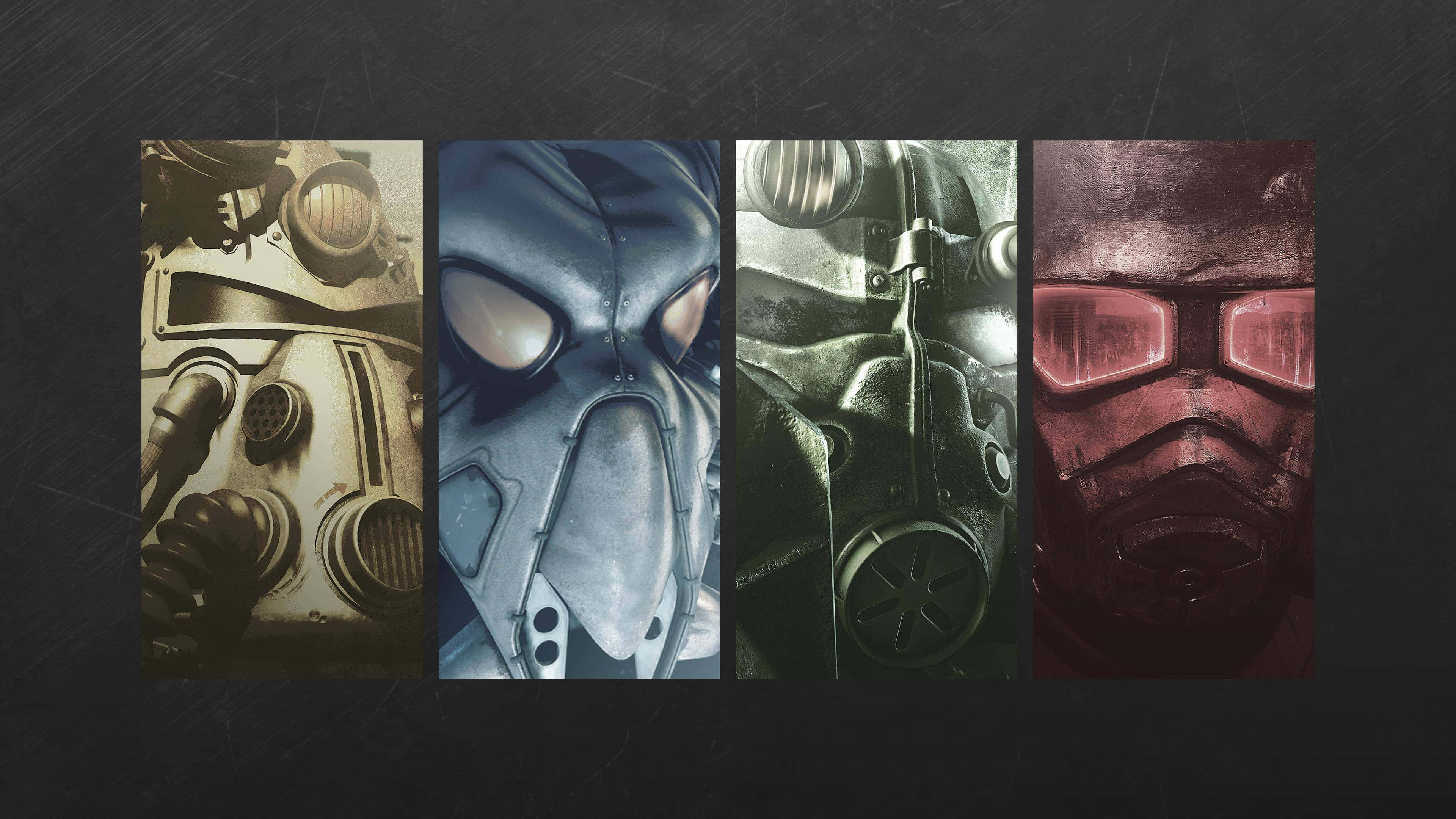 Fallout Enclave 桌布 壁紙 — 四種不同的防毒面具以粗獷色調並排展示在深色紋理背景上。
