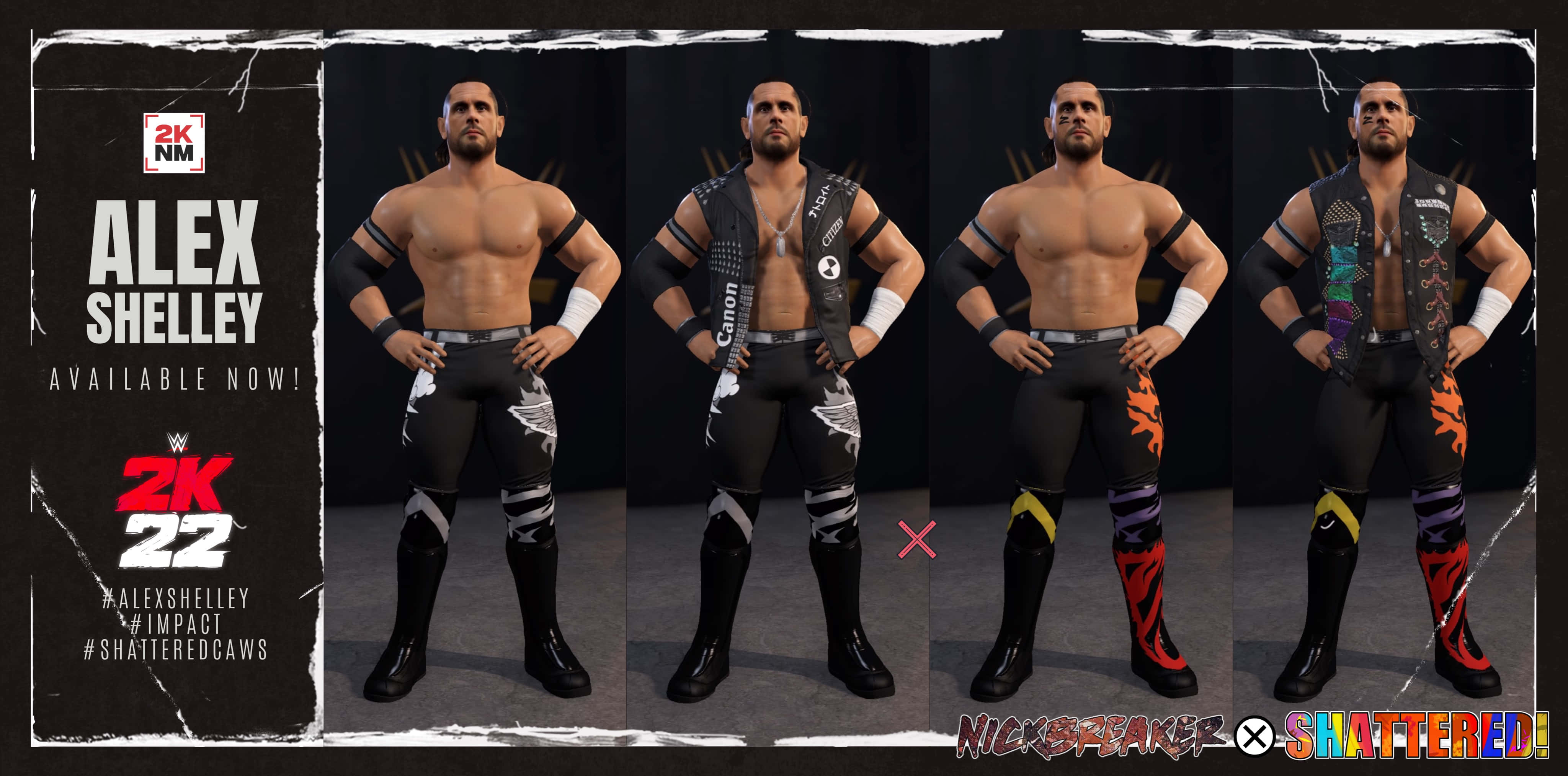 WWE 桌布 壁紙 — 四種不同背心與靴子設計的摔角手 Alex Shelley 2K22 遊戲服裝變體，以深色工作室背景襯托。