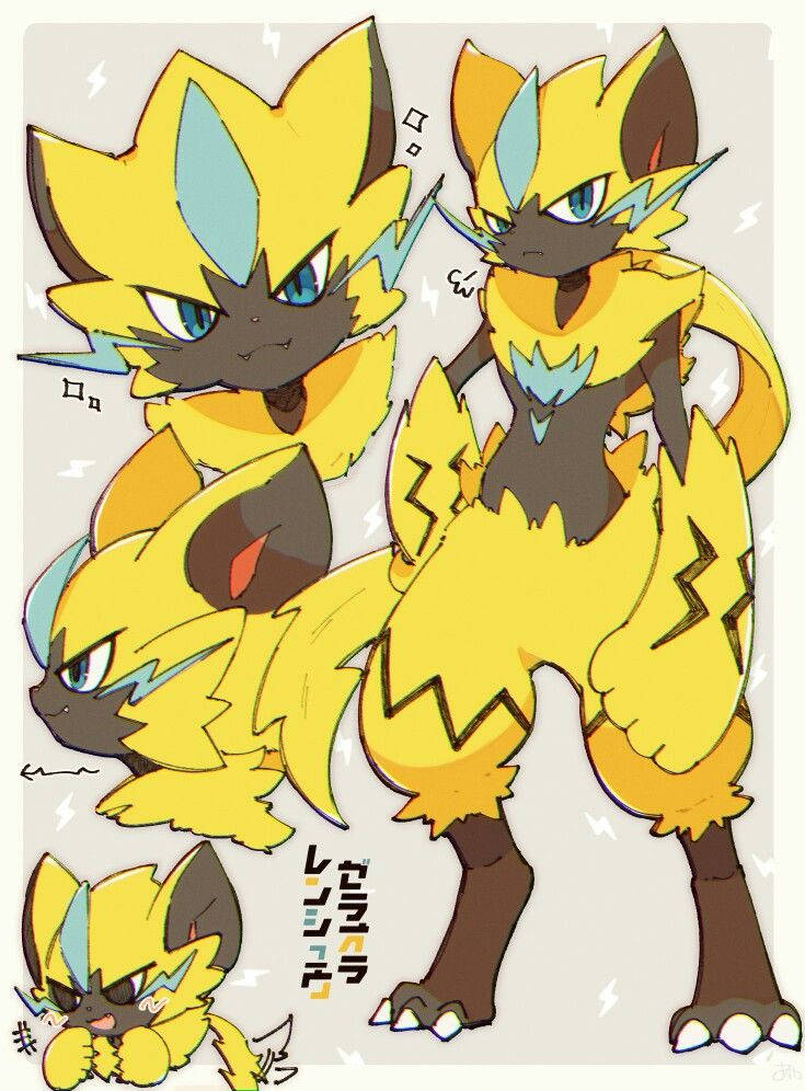 Zeraora 桌布 壁紙 — 四種動態姿勢的黃色閃電主題寶可夢，帶有藍色標記和兇猛的眼睛，背景為淺灰色。