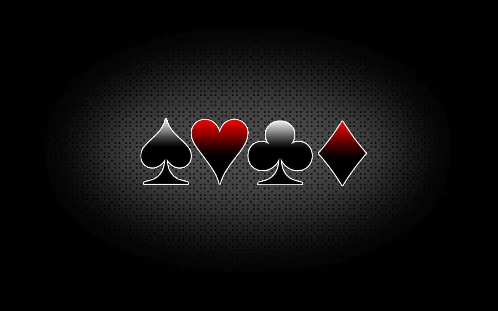 Poker 桌布 壁紙 — 四種撲克花色在深色穿孔背景上閃爍金屬光澤。