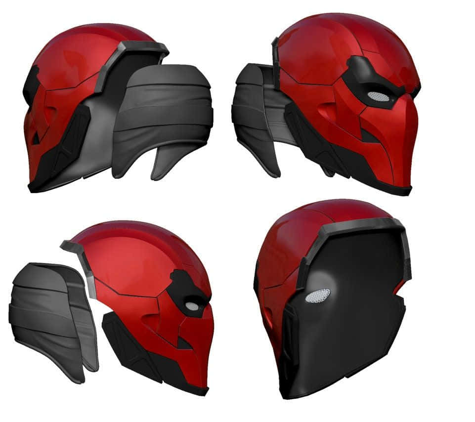 Deadpool Mask 桌布 壁紙 — 四種視角展示一款亮面紅黑未來感頭盔，採用棱角設計及面罩細節。