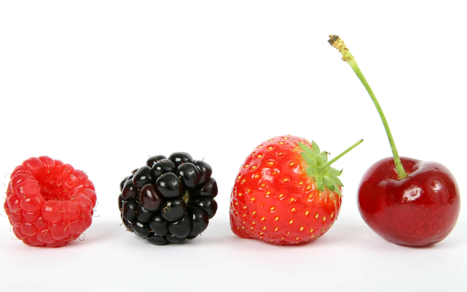 Berry 桌布 壁紙 — 四種鮮豔的漿果：覆盆子、黑莓、草莓和櫻桃，整齊地排列在潔淨的白色背景上。